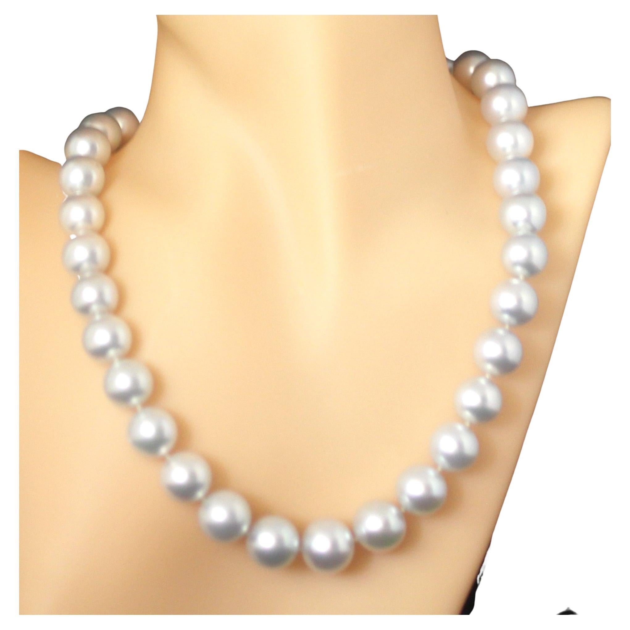 Hakimoto By Jewel Of Ocean 18K South Sea Strand Necklace
18K White Gold  
Weight (g): 86
Cultured South Sea Pearl 
Pearl Size: 11X13mm 
Pearl Shape: Round 
Body color: White 
Orient: Very Good
Luster: Very Good 
Surface: eye Clean
Nacre: Very