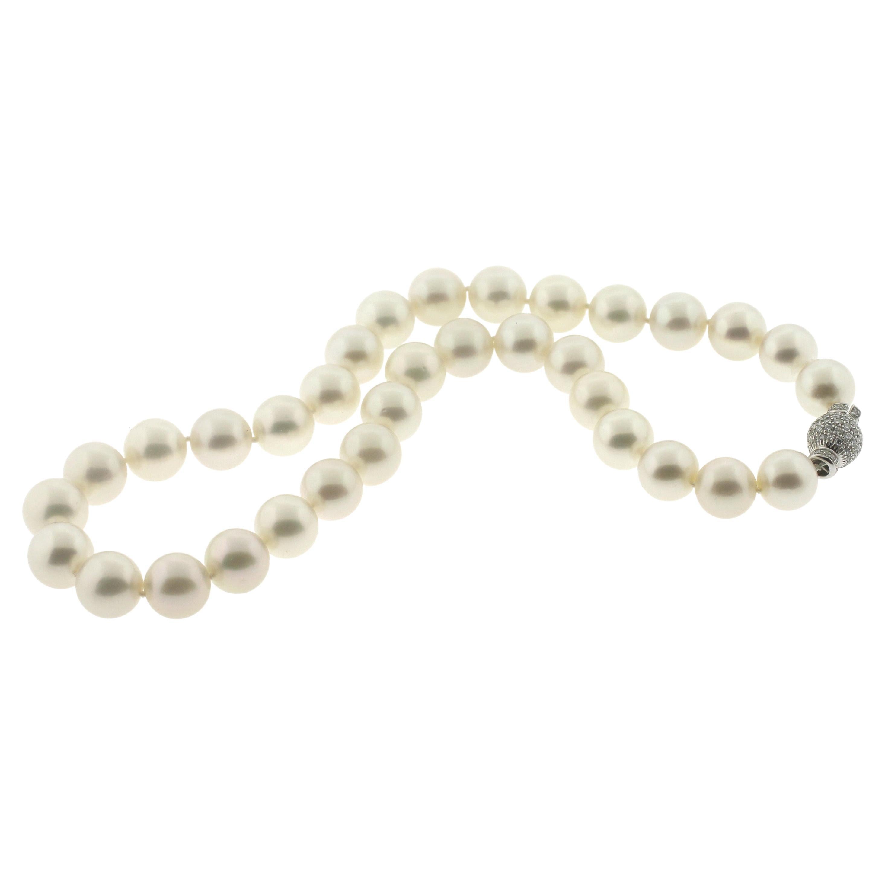 Modern Hakimoto 13x12 mm White South Sea Pearl Necklace 18K Full Diamond Clasp For Sale