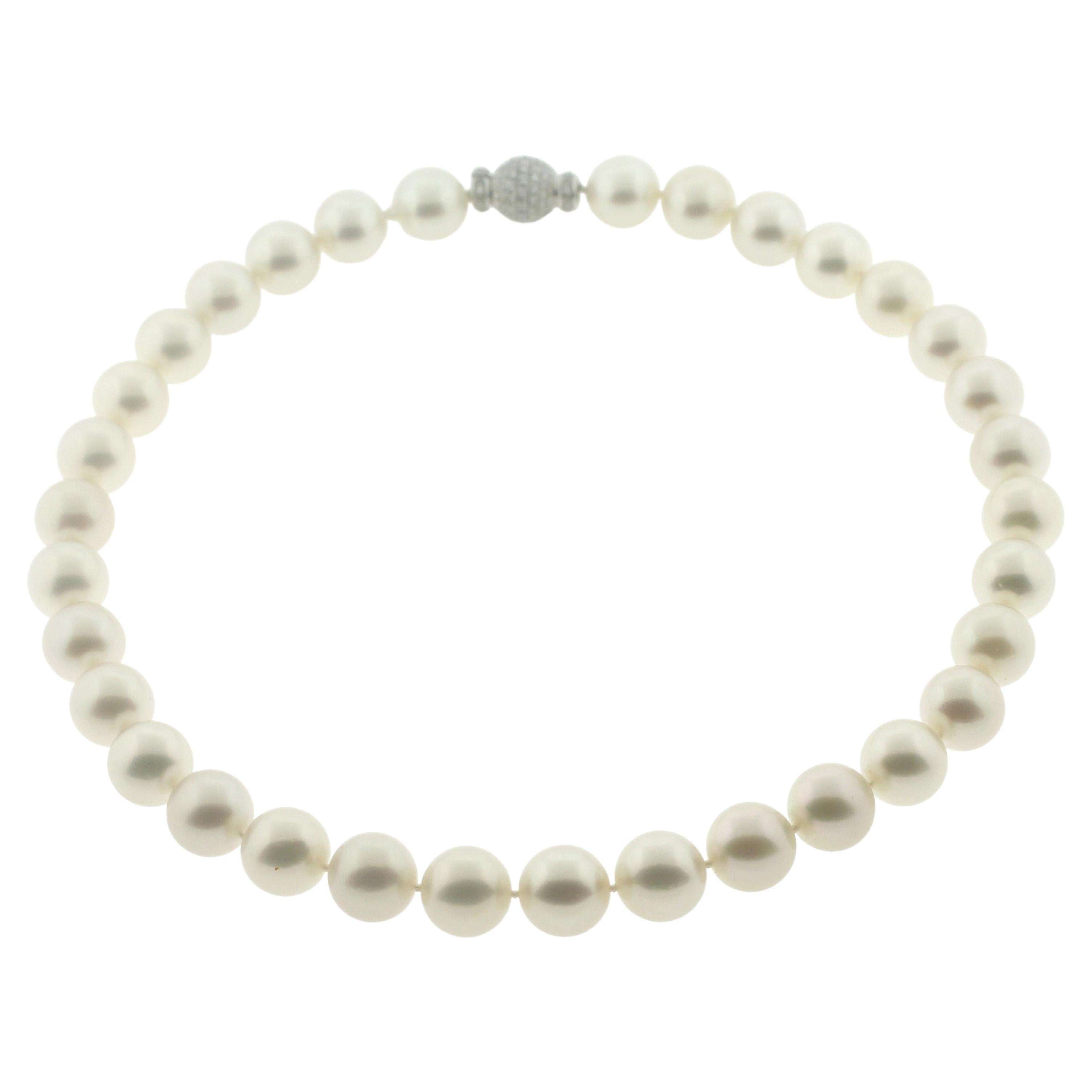 Hakimoto 13x12 mm White South Sea Pearl Necklace 18K Full Diamond Clasp For Sale