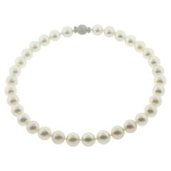 Vintage Hakimoto 13x12 mm White South Sea Pearl Necklace 18K Full Diamond Clasp