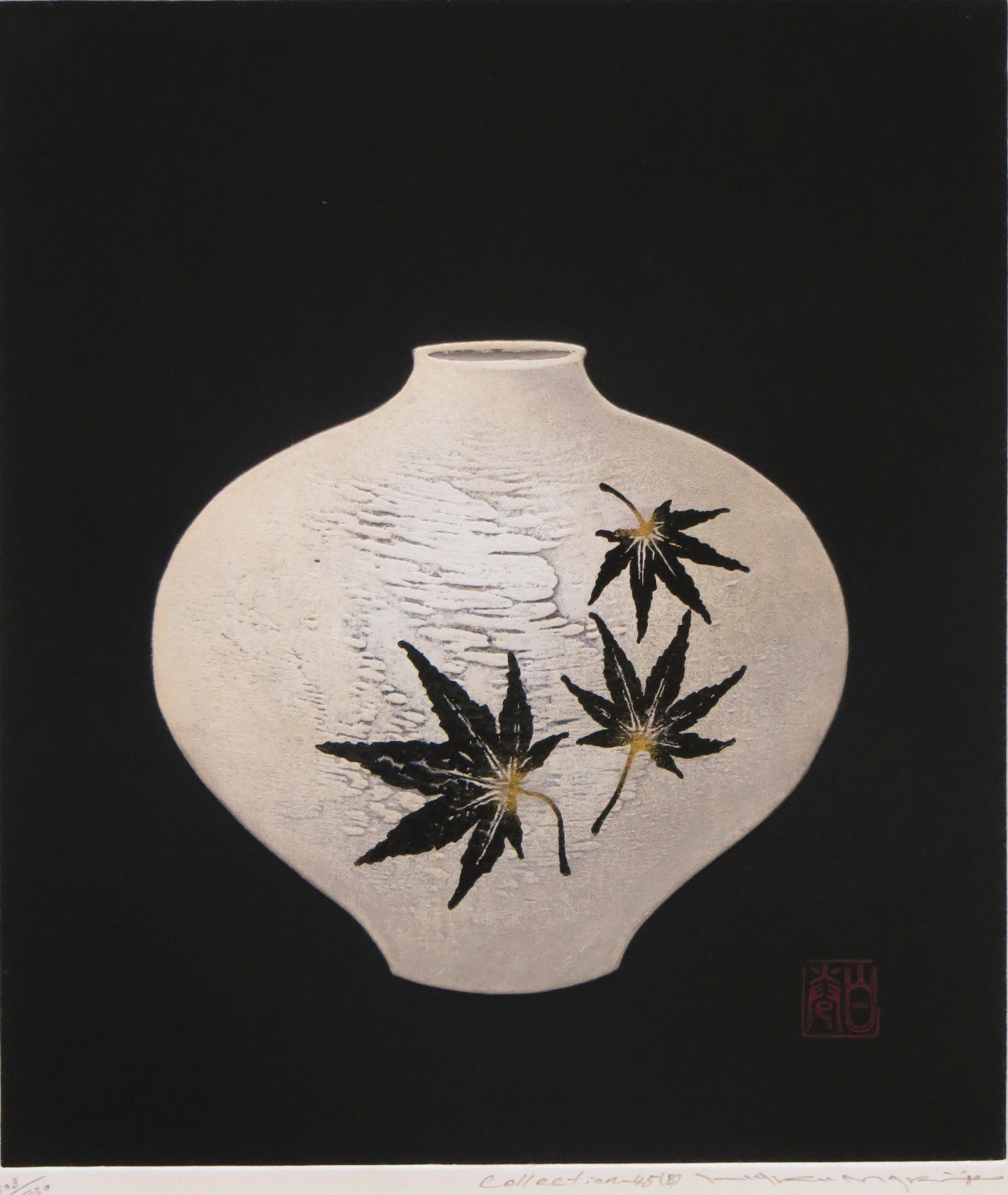 Artist: Haku Maki – Japanese (1924-2000)
Title: Collection 45 (B)
Year: 1980
Medium: Woodblock
Edition: 203/230
Sight size: 9.125 x 8 inches. 
Sheet size: 10.75 x 9.5 inches
Framed size: 16.25 x 14.75 inches 
Signature: Signed lower right
Condition: