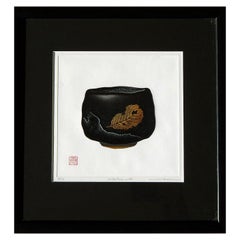 Haku Maki Set of Four Color Woodblock Prints, Japanese Tea Bowls