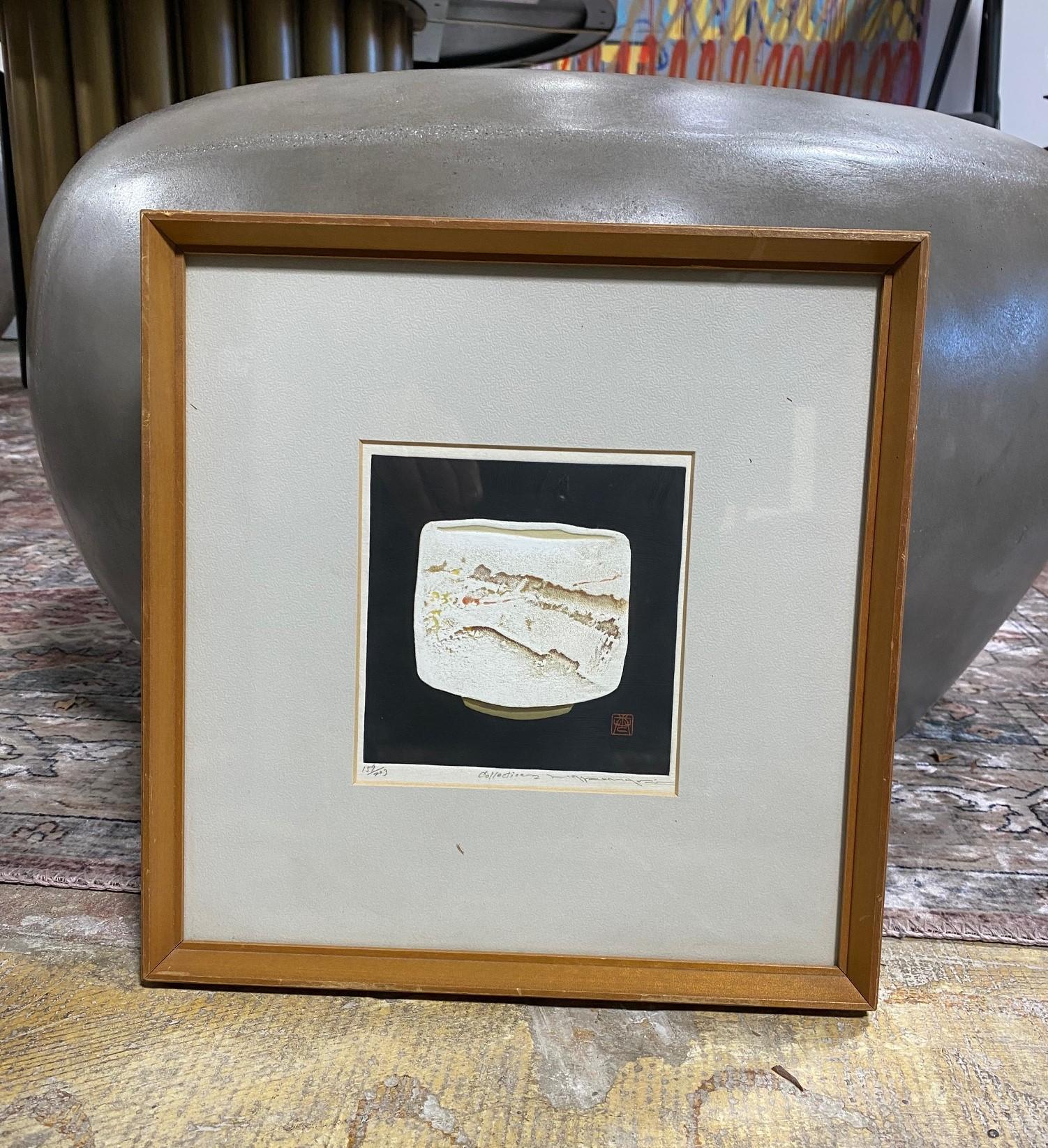 A wonderfully textured and embossed woodblock print of an ancient yunomi teacup by famed Japanese artist Haku Maki.

The print is sealed with an artist's stamp, hand pencil signed, numbered (159/203), and titled (Collection 2) by the