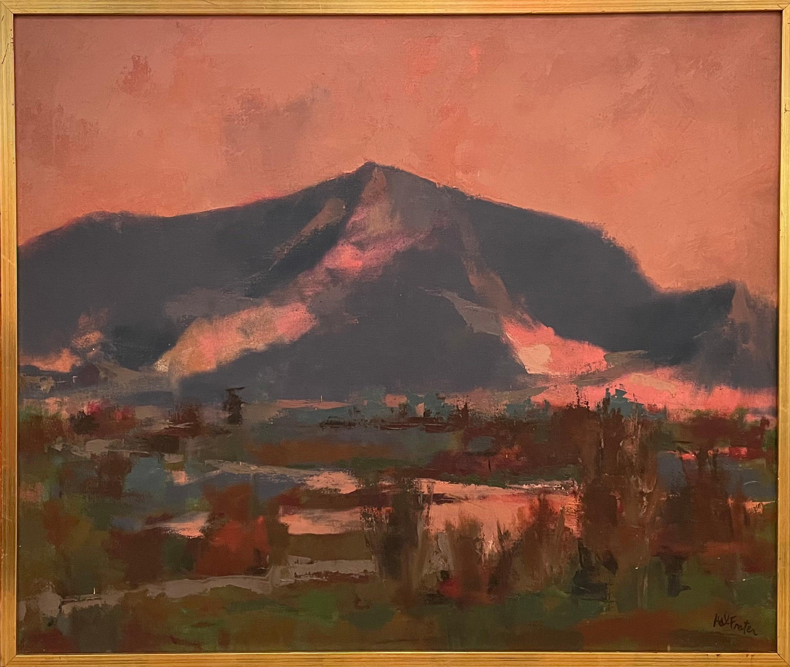 'Pink Sky' by Hal Frater - Mountain Range at Dusk - Oil Painting on Canvas For Sale 1