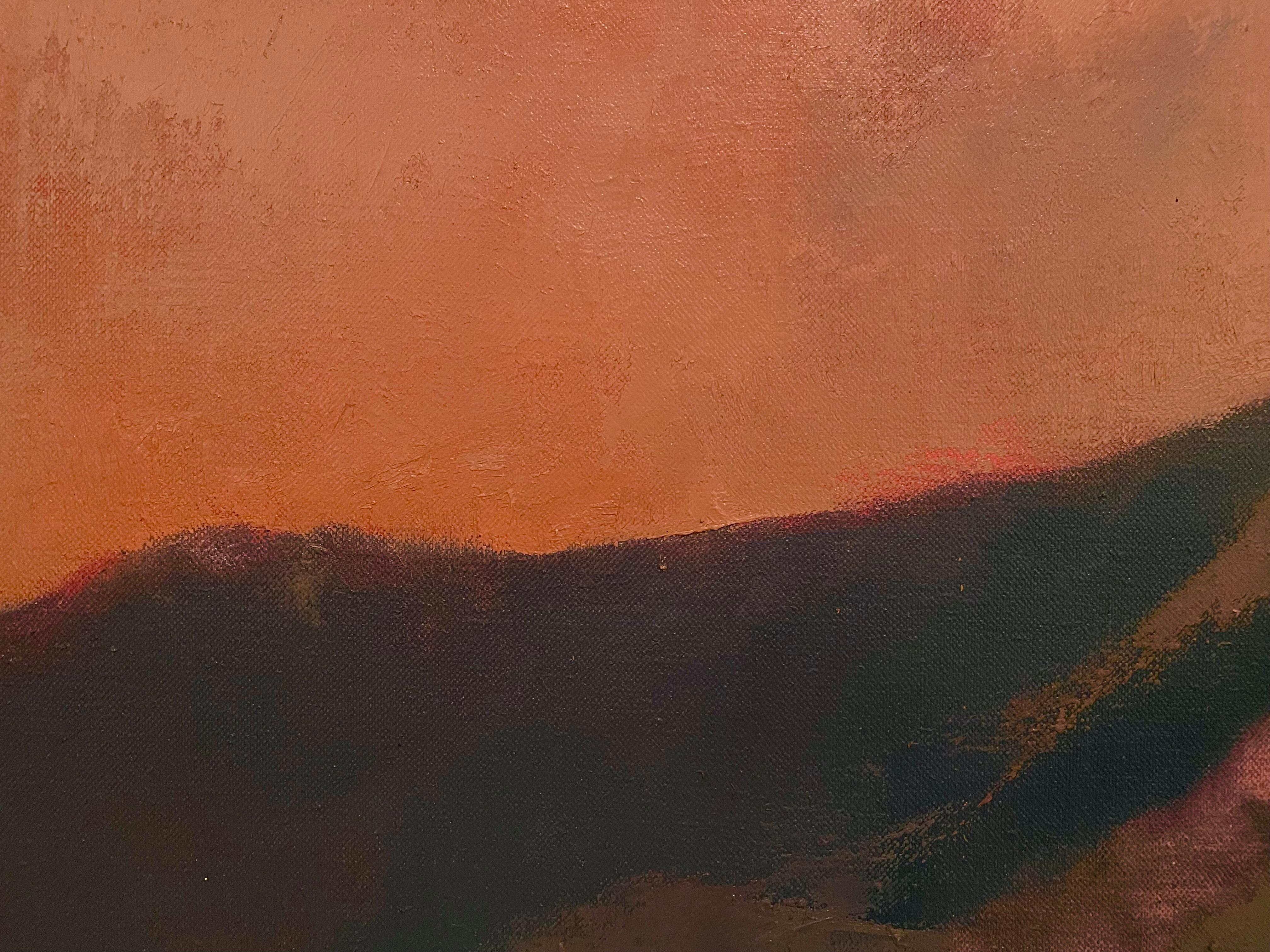 'Pink Sky' by Hal Frater - Mountain Range at Dusk - Oil Painting on Canvas For Sale 2