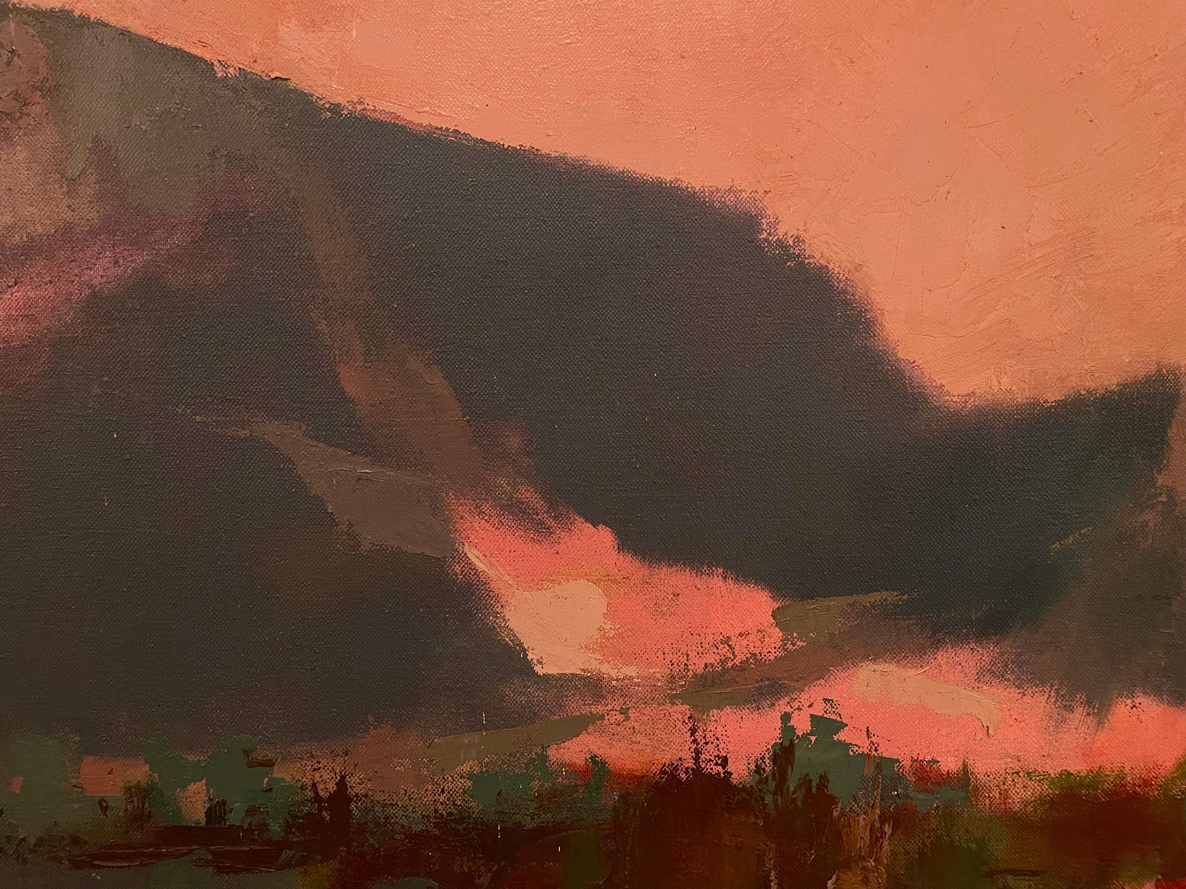 'Pink Sky' by Hal Frater - Mountain Range at Dusk - Oil Painting on Canvas For Sale 3