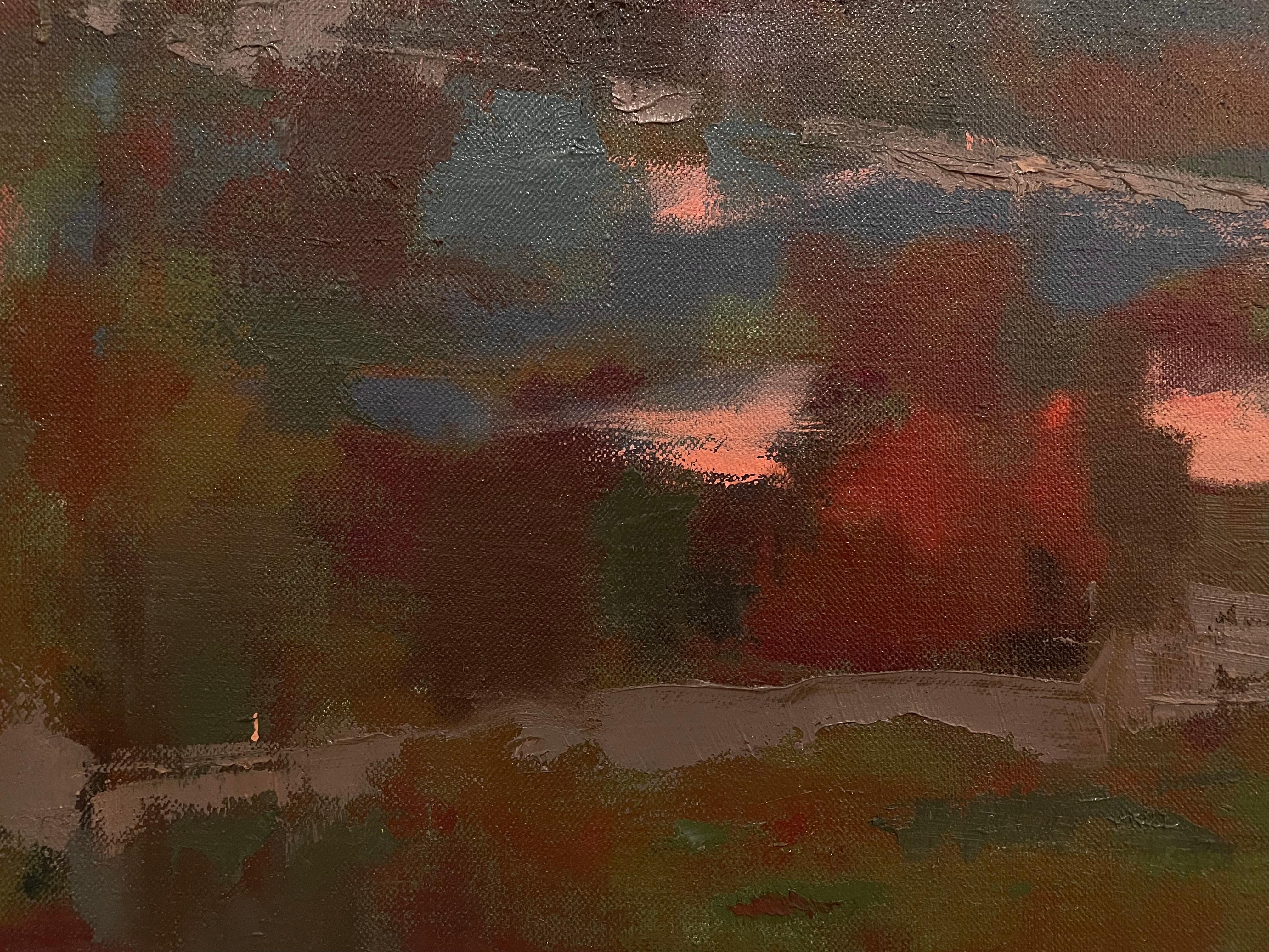 'Pink Sky' by Hal Frater - Mountain Range at Dusk - Oil Painting on Canvas For Sale 4