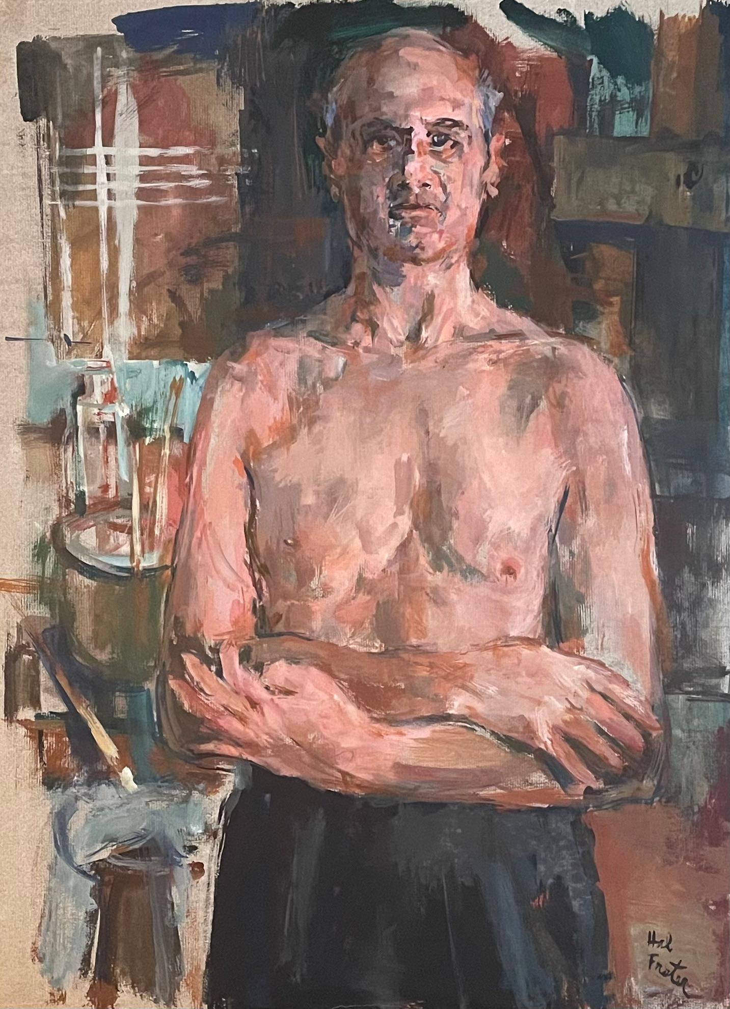 Hal Frater's "The Artist as a Young Man" is a striking oil on canvas that captures the essence of the artist himself, rendered in a raw, emotive style. The palette is earthy, with natural browns and creams contrasted against subdued blues and hints
