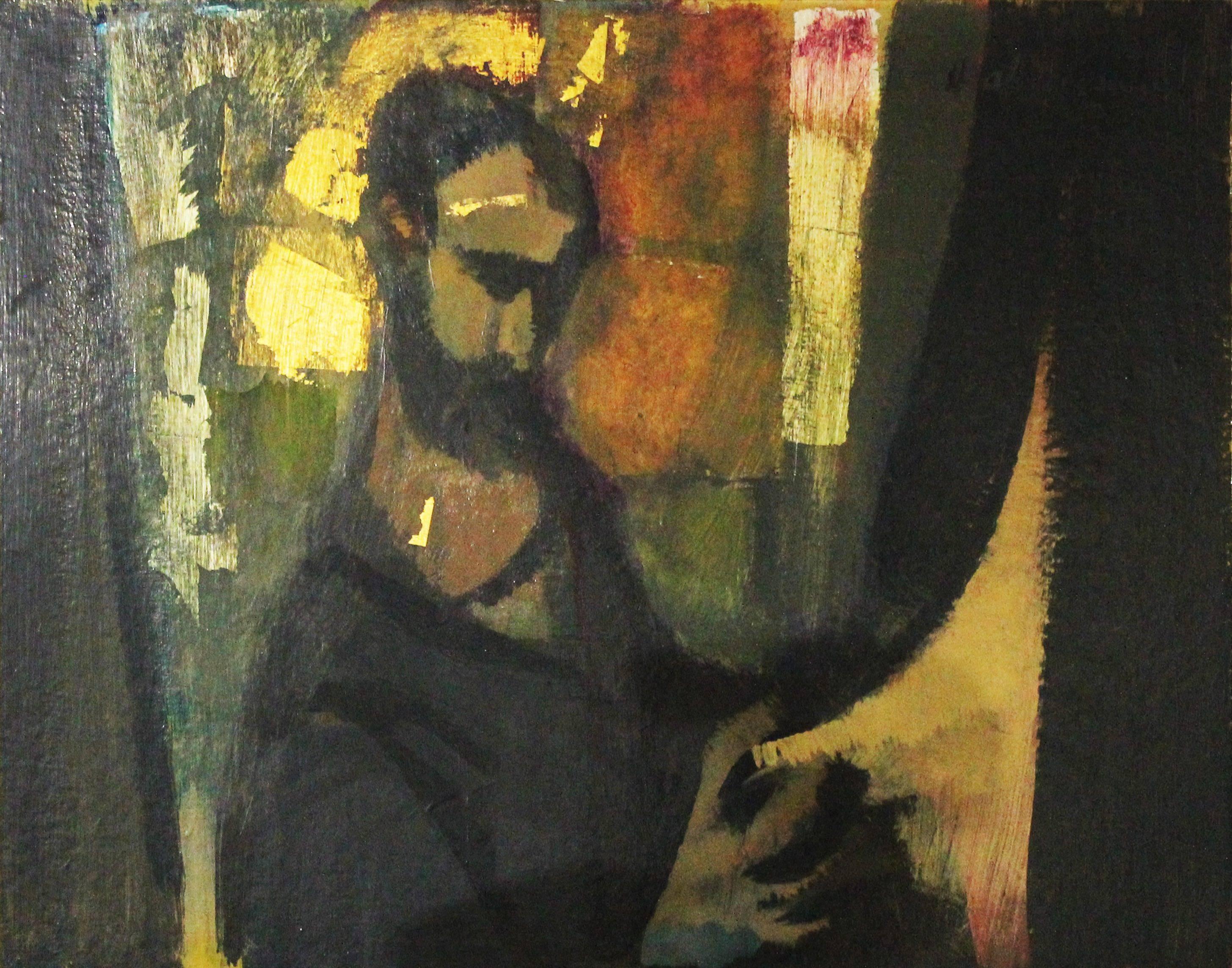 Figure, Öl- und Blattgold- Expressionistisches Gemälde – Painting von Hal Lotterman