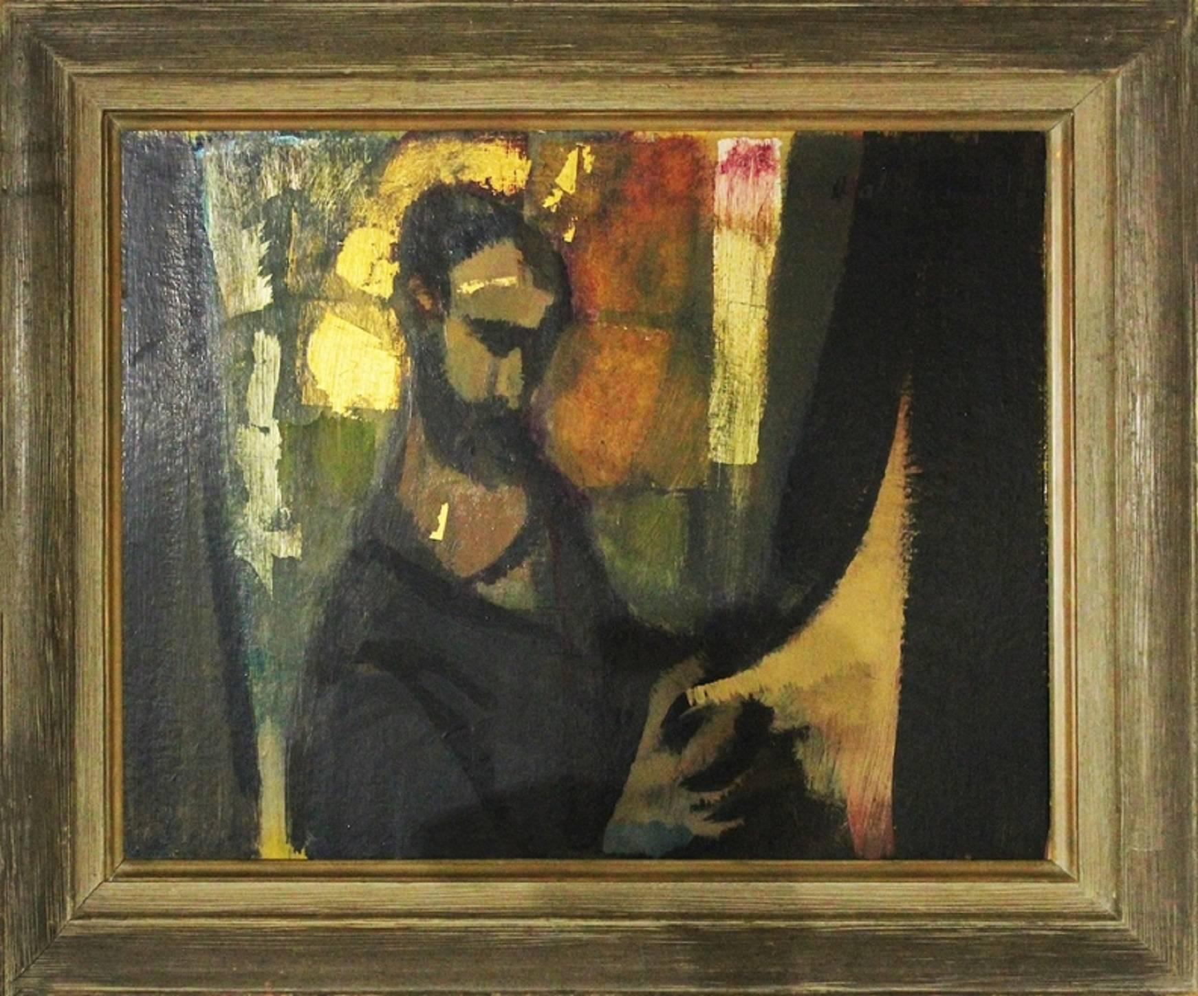 Hal Lotterman Figurative Painting – Figure, Öl- und Blattgold- Expressionistisches Gemälde