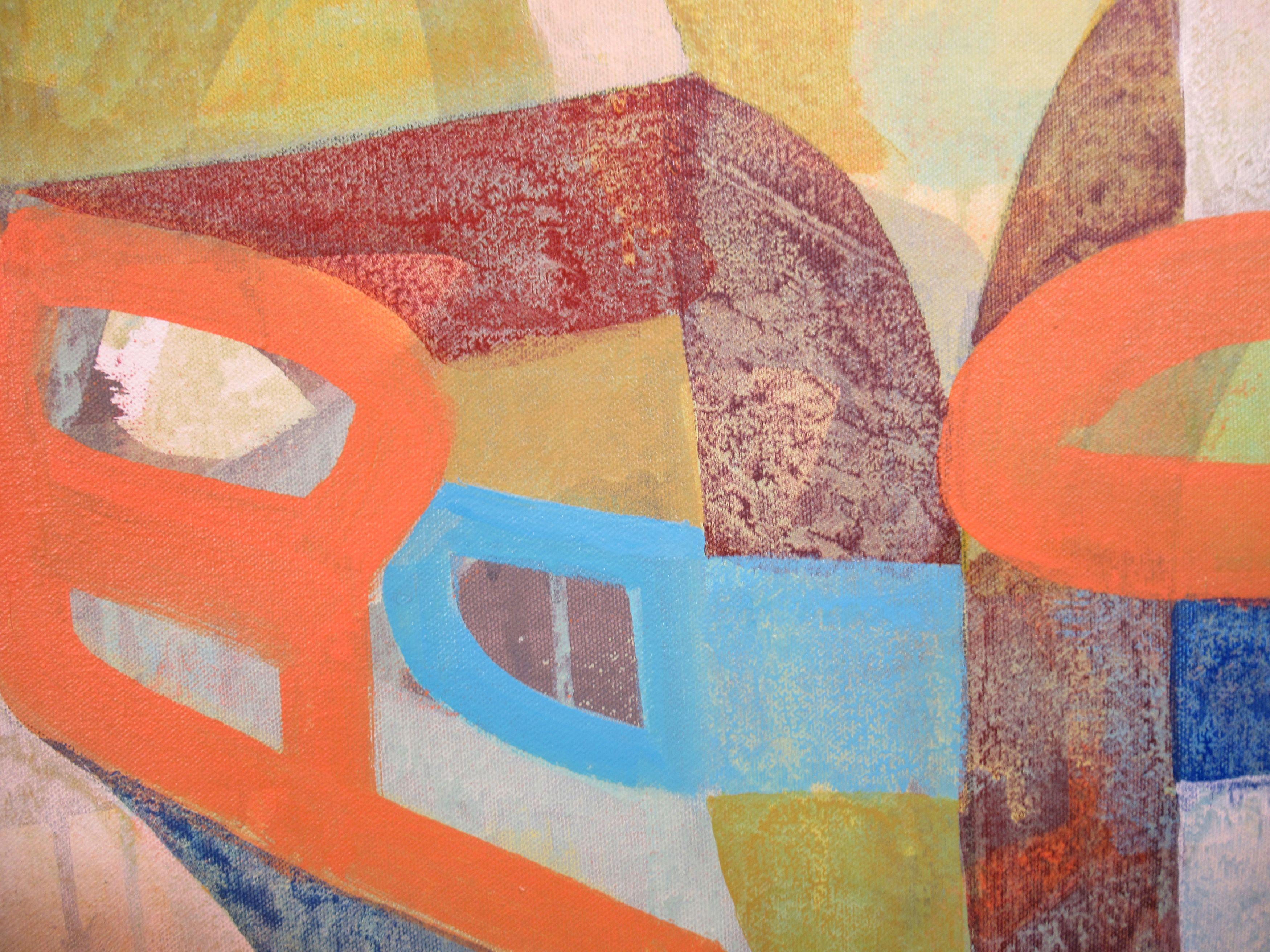 Une composition structurelle colorée d'oranges, de bleus, de bruns et de blancs cassés. Cette peinture combine des marques calligraphiques orange audacieuses avec des zones de texture superposées. Peint à  : : Peinture : : Abstrait : : Cette pièce