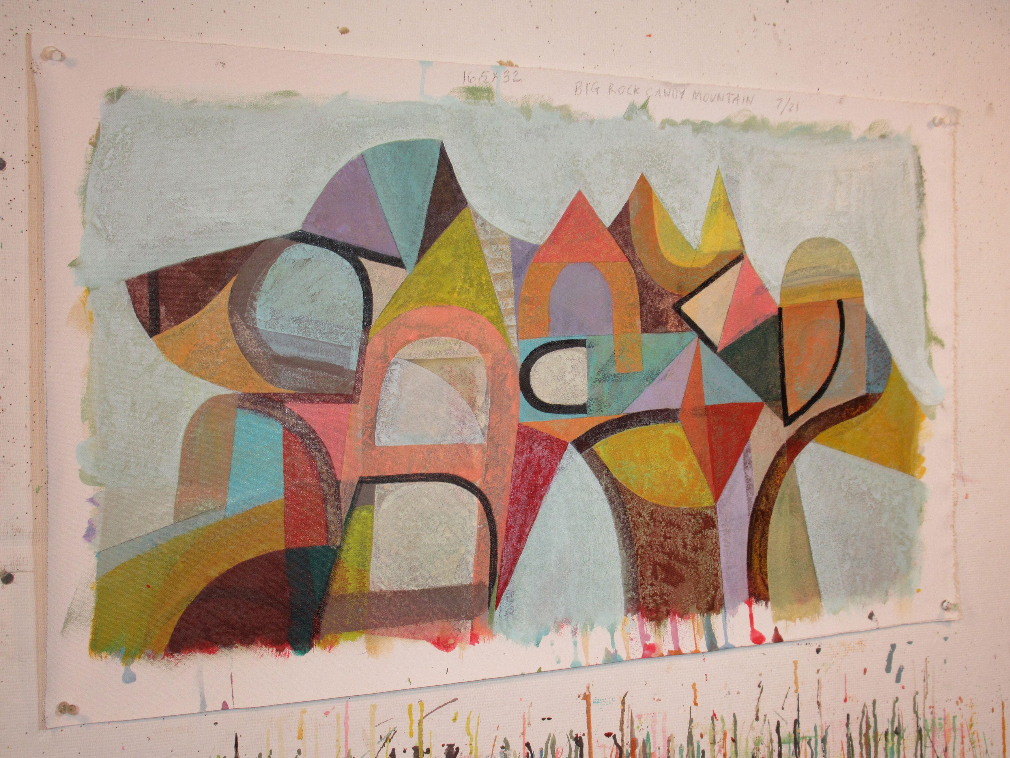 Una colorida abstracción de bordes duros que combina audaces pinceladas negras con pasajes de color saturado. Las capas anteriores son evidentes en la pintura acabada, lo que crea texturas interesantes y una superficie enérgica :: Pintura ::
