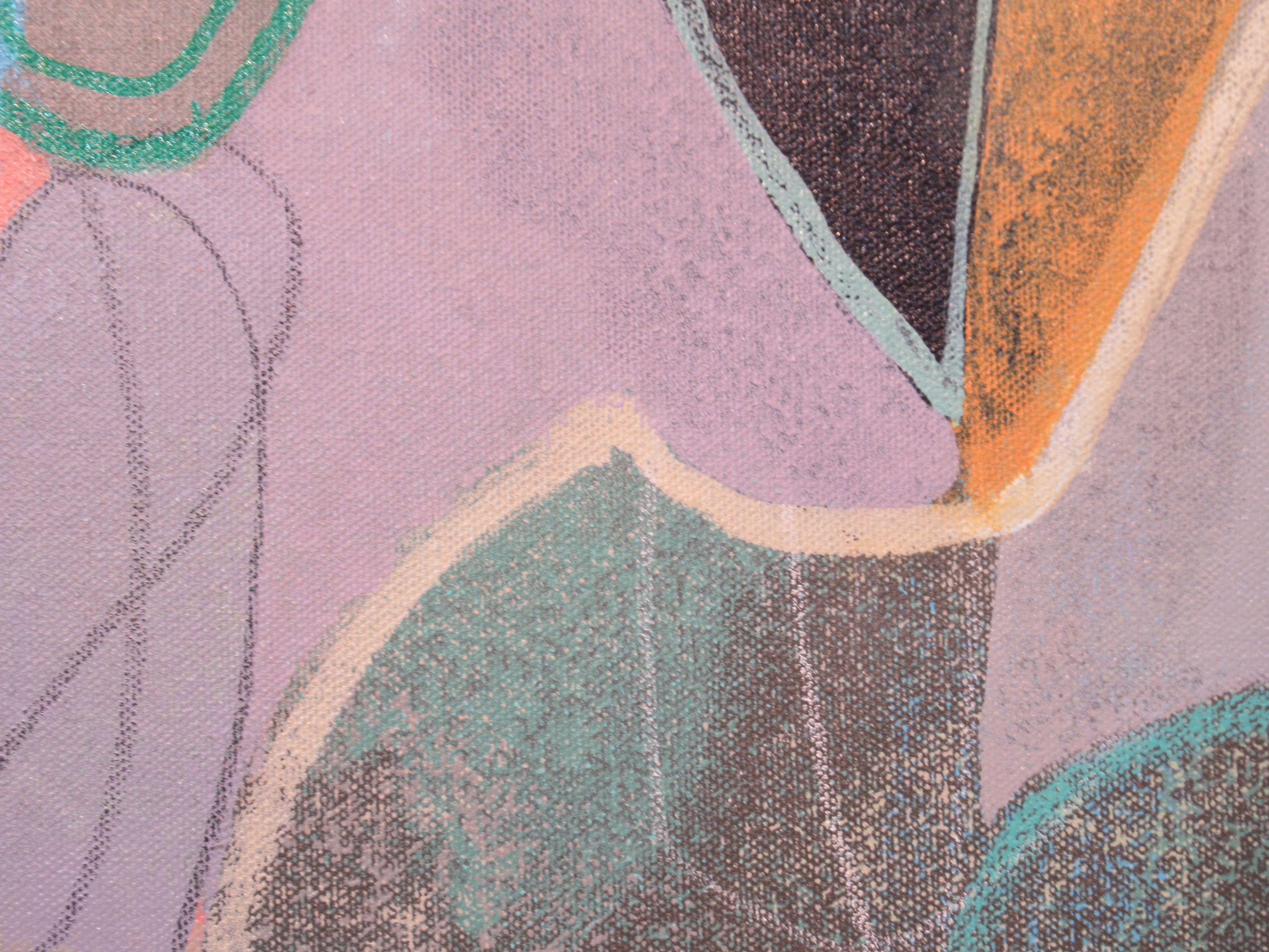Loose abstract marks in pencil and symbols in white, blue and green. A complex composition with evidences of previous layers and marks making for an energetic surface. Light unsaturated colors of purple and pink are juxtaposed with saturated oranges