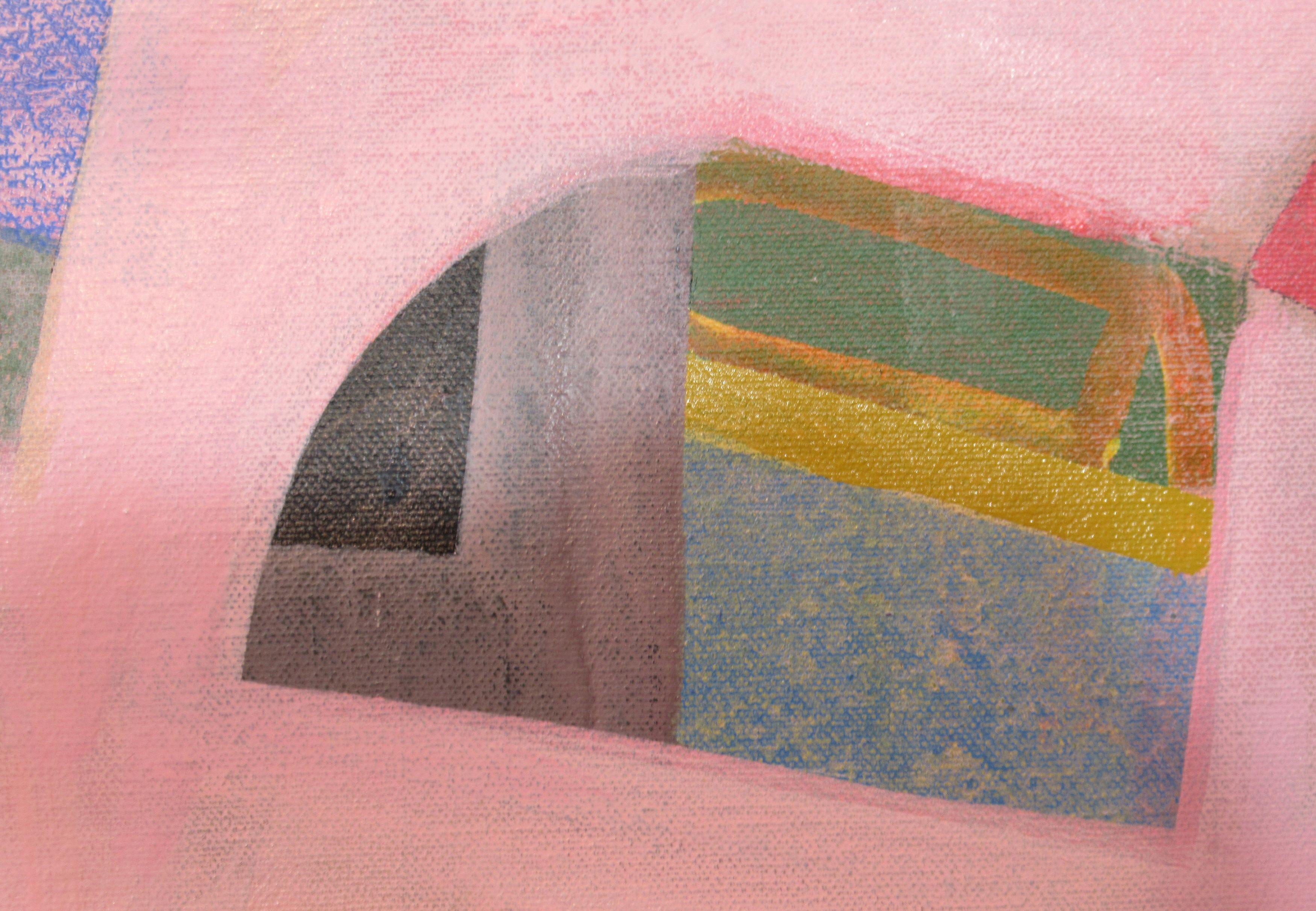 Des éclats de couleurs vives  émergent forment un fond rosé texturé. Cette peinture a été commencée en appliquant spontanément la couleur et les coups de pinceau calligraphiques et en réduisant ensuite jusqu'à l'arrivée de la composition finale : :