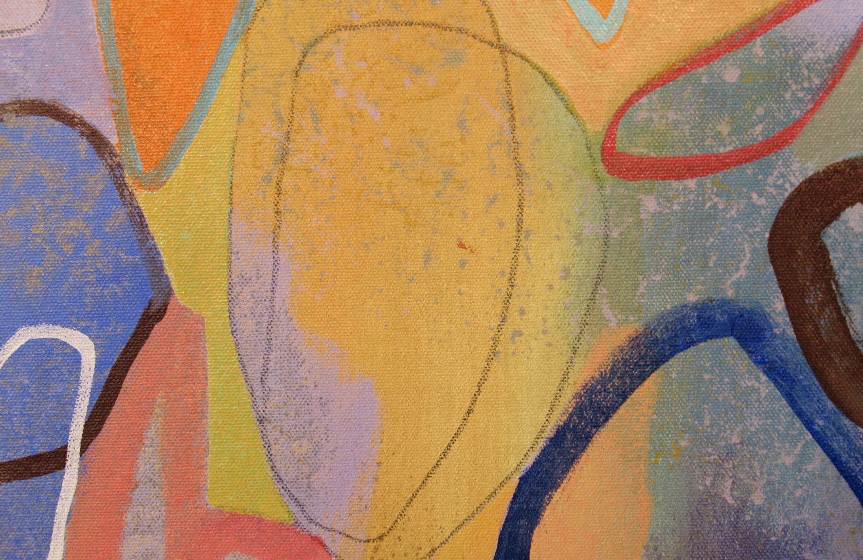 Loose abstract marks in a range of colors surrounded by a mottled blueish purple background. Many interesting textures that make for an energetic surface. :: Painting :: Abstract :: This piece comes with an official certificate of authenticity