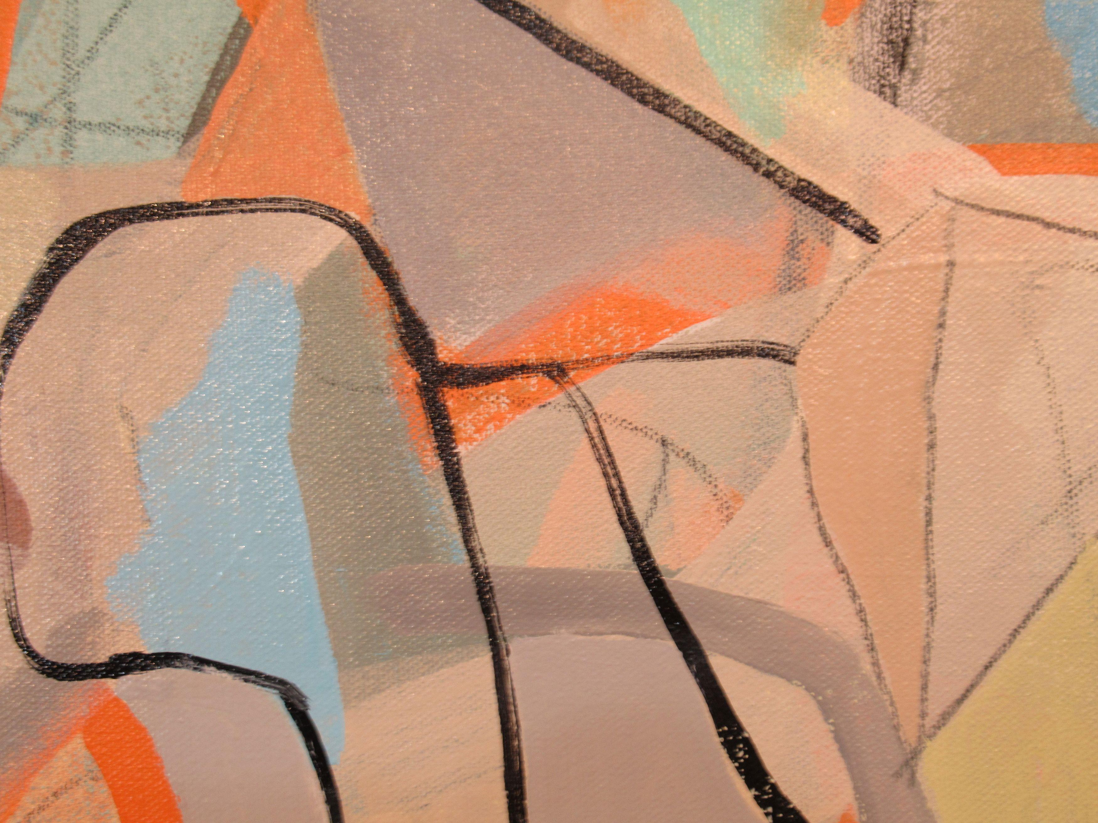 A nuanced composition of greys, oranges and blues with abstract marks of black and grey. I felt the need to limit my palette after the explosion of color that was my previous painting, As You See Fit. :: Painting :: Abstract :: This piece comes with
