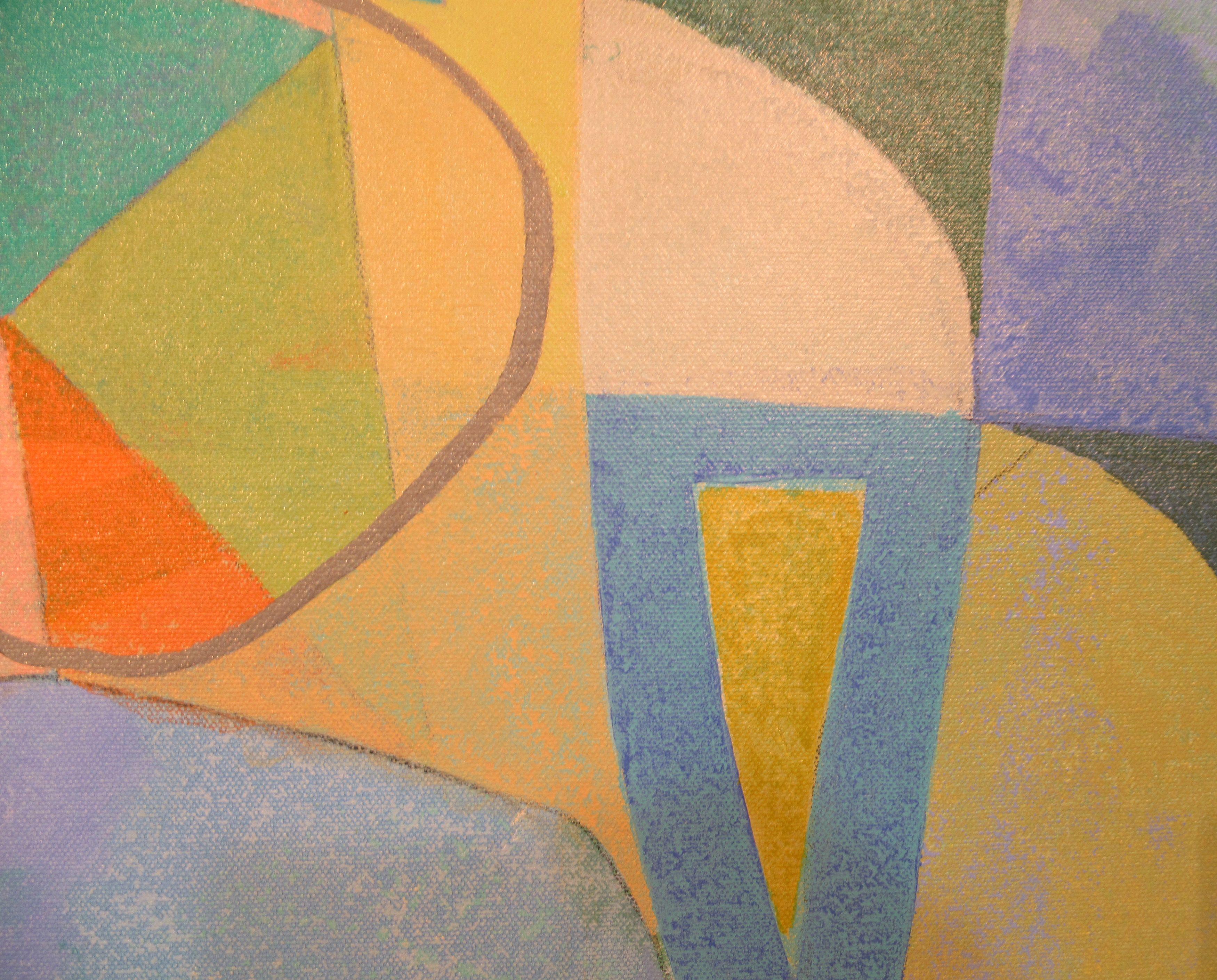 A colorful composition of oranges, blues, green and off whites that combine hard edged abstraction with looser abstract marks. Many interesting textures reveal the ghost of the underpainting. :: Painting :: Abstract :: This piece comes with an