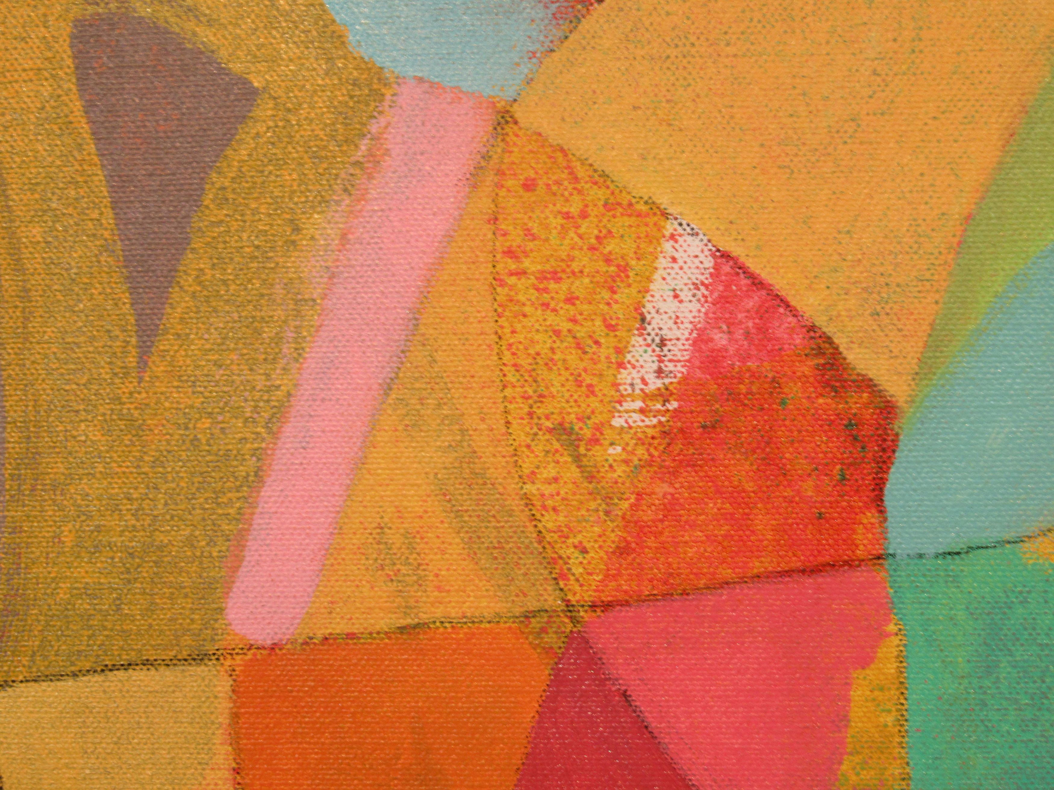 Un quadro colorato di piccole dimensioni incorniciato da grigi scuri, marroni e neri che fanno risaltare i colori. Il tratto astratto della matita trascrive aree di colore saturo e aree di texture. Molte texture interessanti e testimonianze di