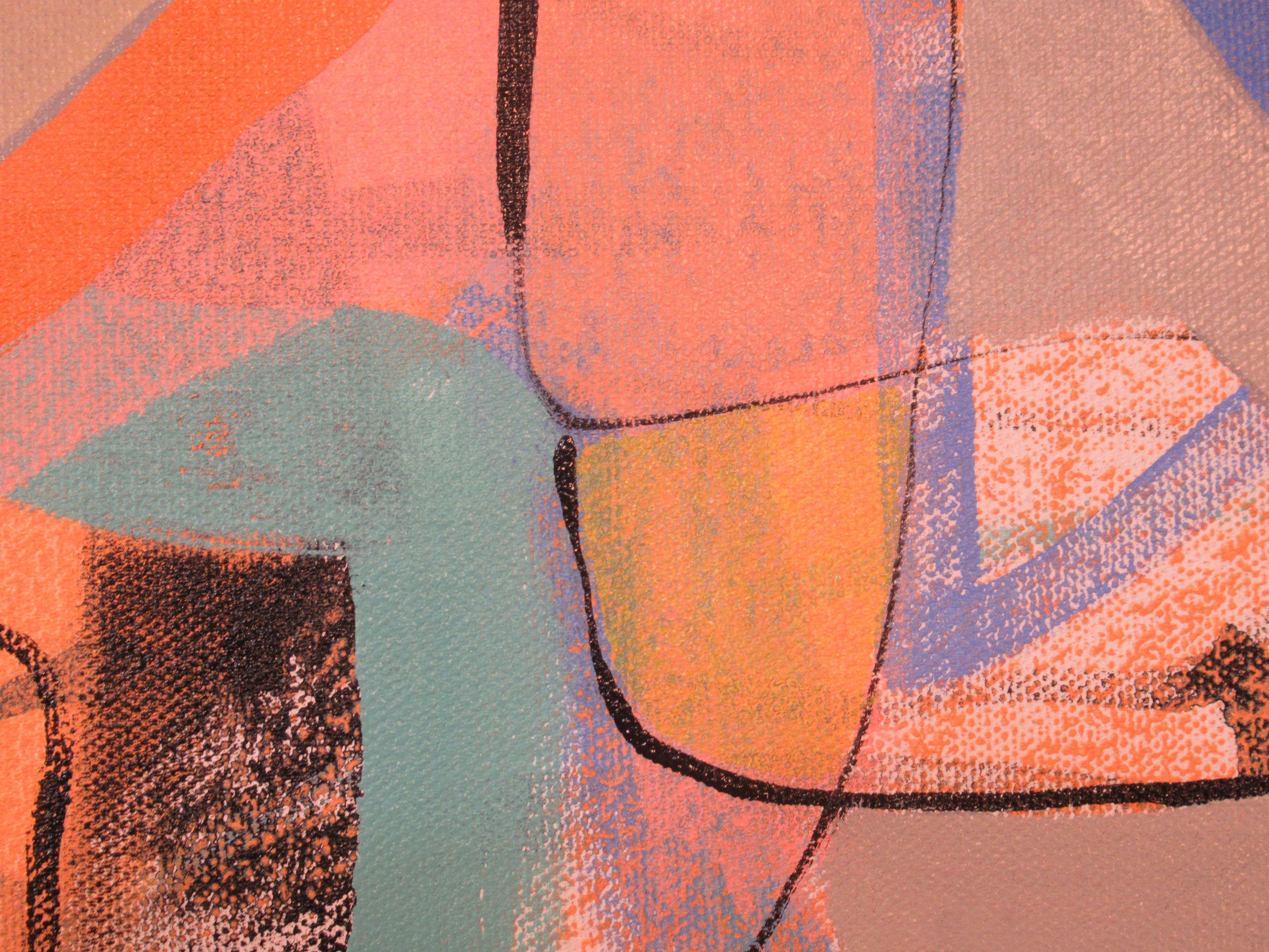 An energetic composition of bold black, blue, teal and orange brushwork on a background of warm gray. This painting was started with extremely loose mark making, gradually reworking and editing toward the final composition. Many interesting