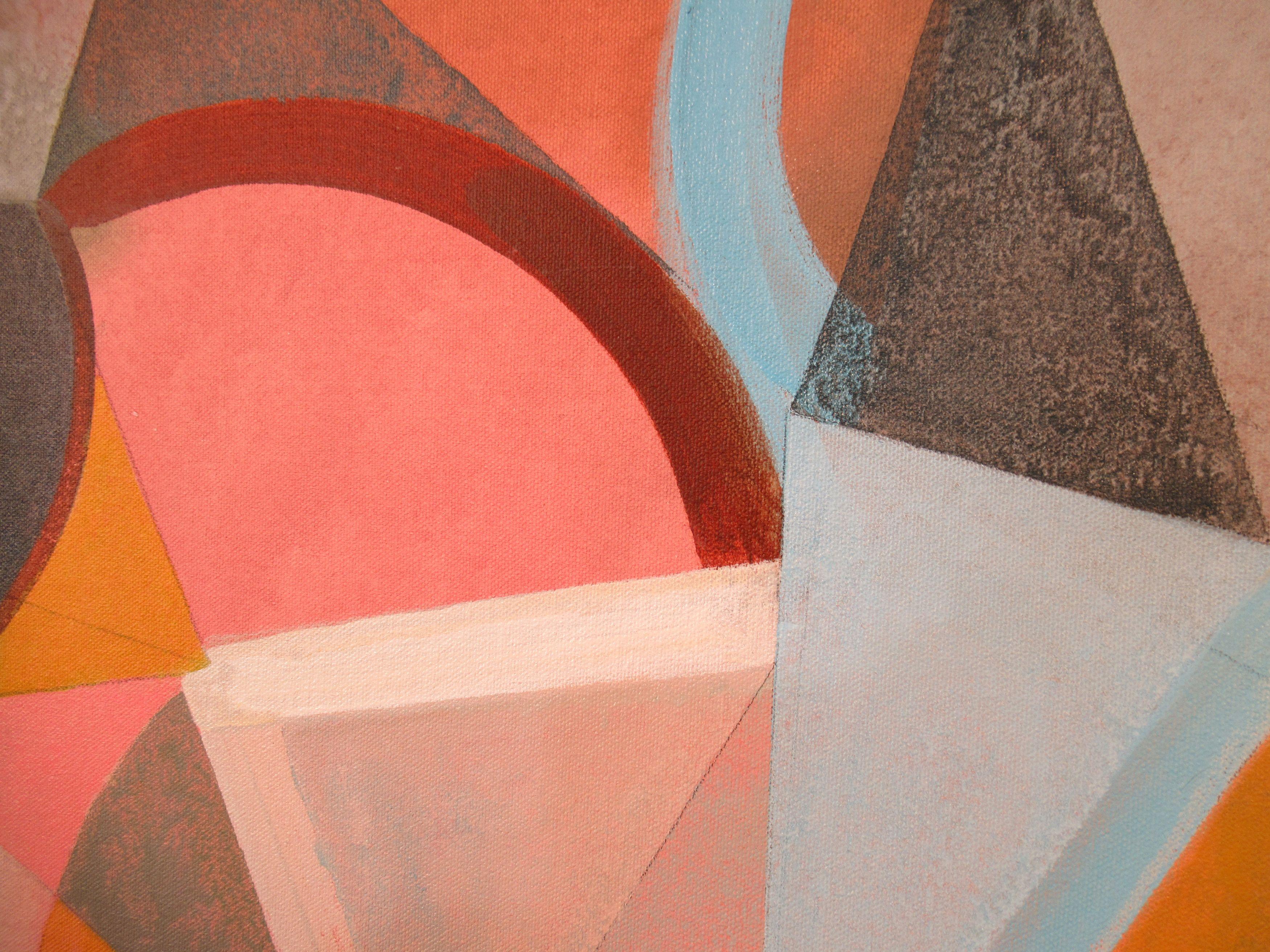 A colorful composition combining bold angular brushstrokes with simple hard edged geometric shapes. Pinks and yellow are juxtaposed with warm grays and browns. An optimistic painting, I think. :: Painting :: Abstract :: This piece comes with an