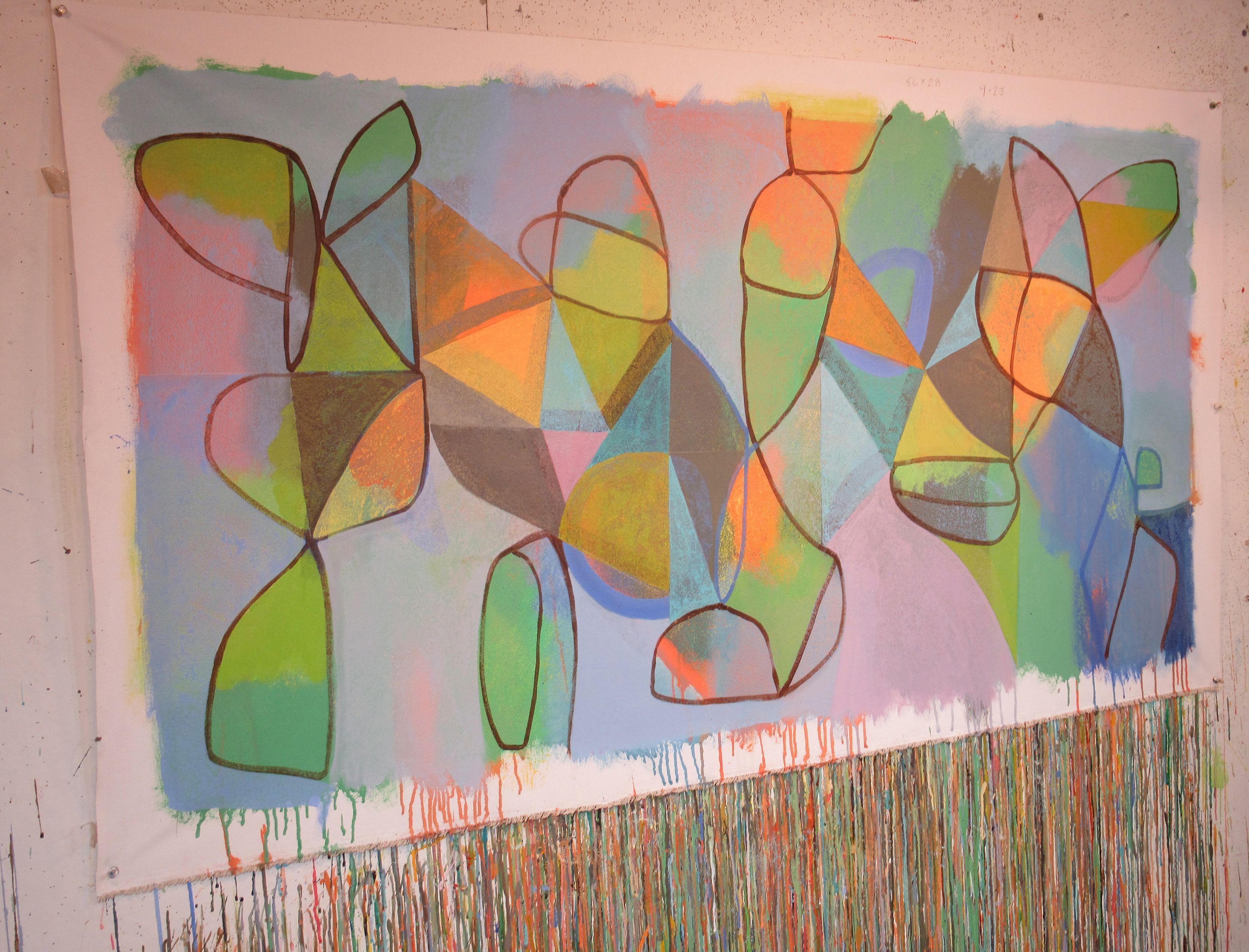 Une composition colorée combinant des marques abstraites lâches avec une abstraction à bords droits. Les marques antérieures sont effacées, ce qui ajoute de l'intérêt à la surface. Beaucoup de textures intéressantes. Une peinture optimiste :: :