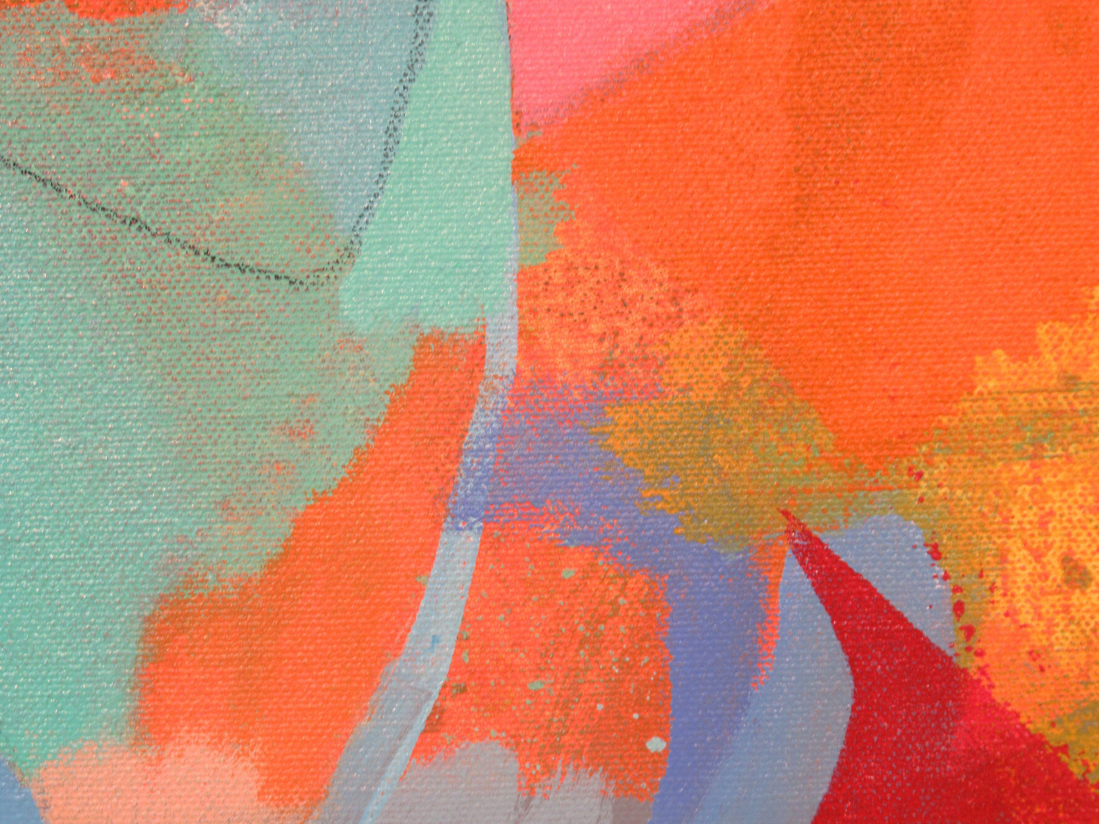 A colorful smaller painting framed by a bright red background. Pencil lines transcribe areas of saturated color and texture. Many interesting textures. An end of the roll of canvas painting. :: Painting :: Abstract :: This piece comes with an