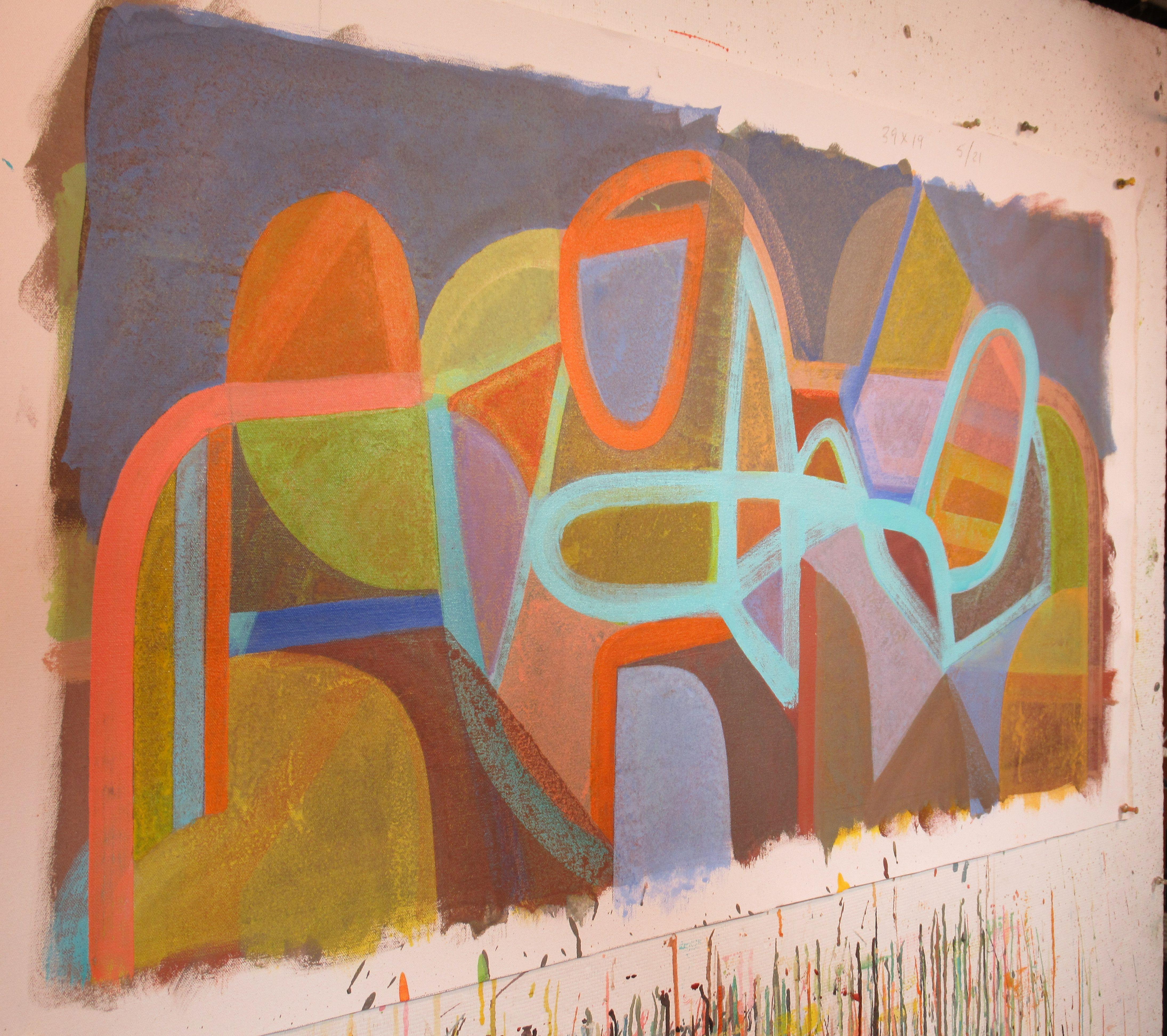Una colorida composición de atrevidas pinceladas de verde azulado y naranja. Muchas texturas interesantes. Pintado a principios de primavera, cuando uno no puede evitar sentirse optimista.   :: Pintura :: Abstracta :: Esta obra viene con un