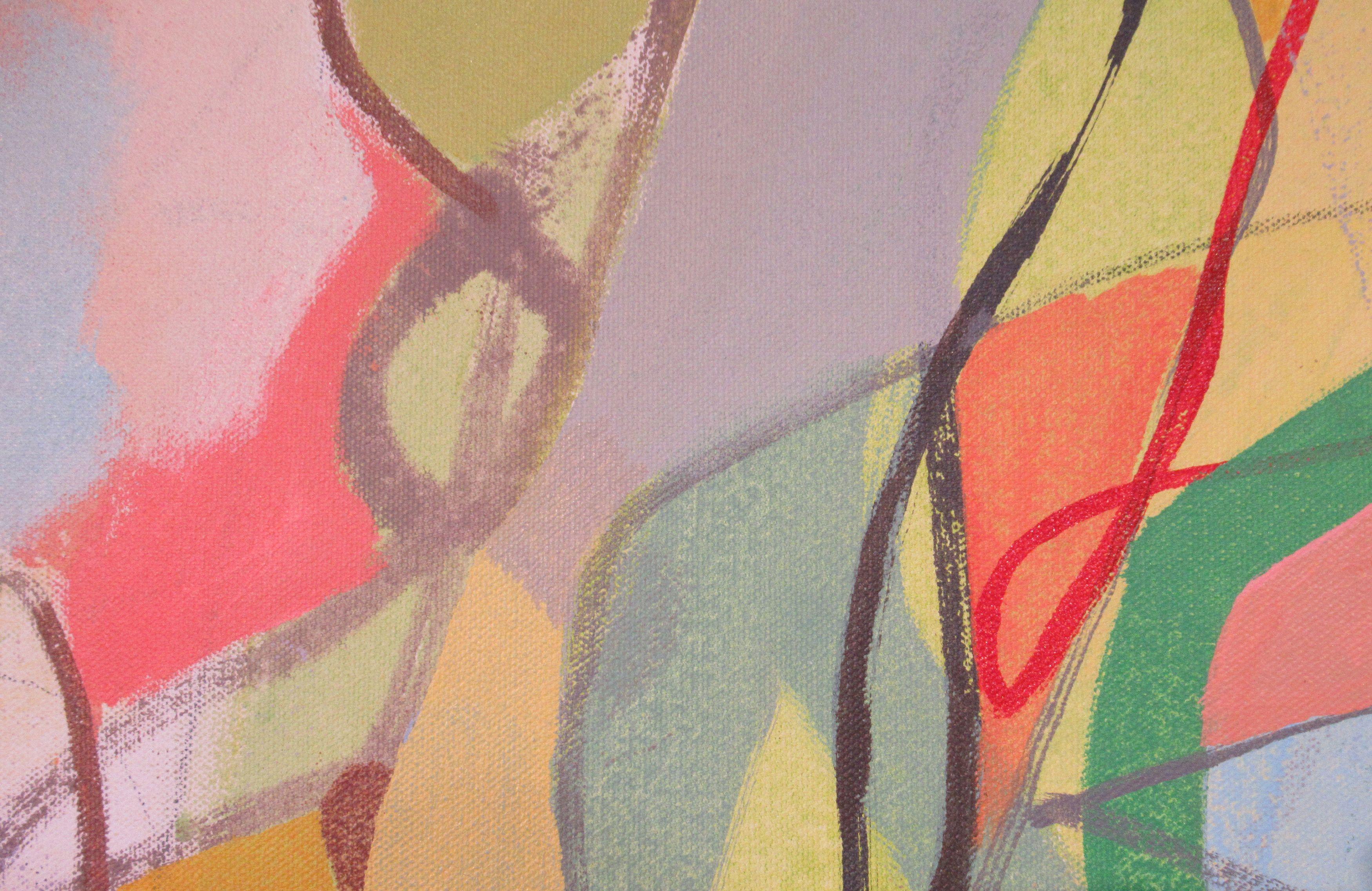A profusion of abstract brushstrokes set off by a background of off whites and blues. Bold green brushstrokes and thiner red one are juxtaposed with lighter brushstrokes of brown and grey. Many interesting textures. For some reason this painting
