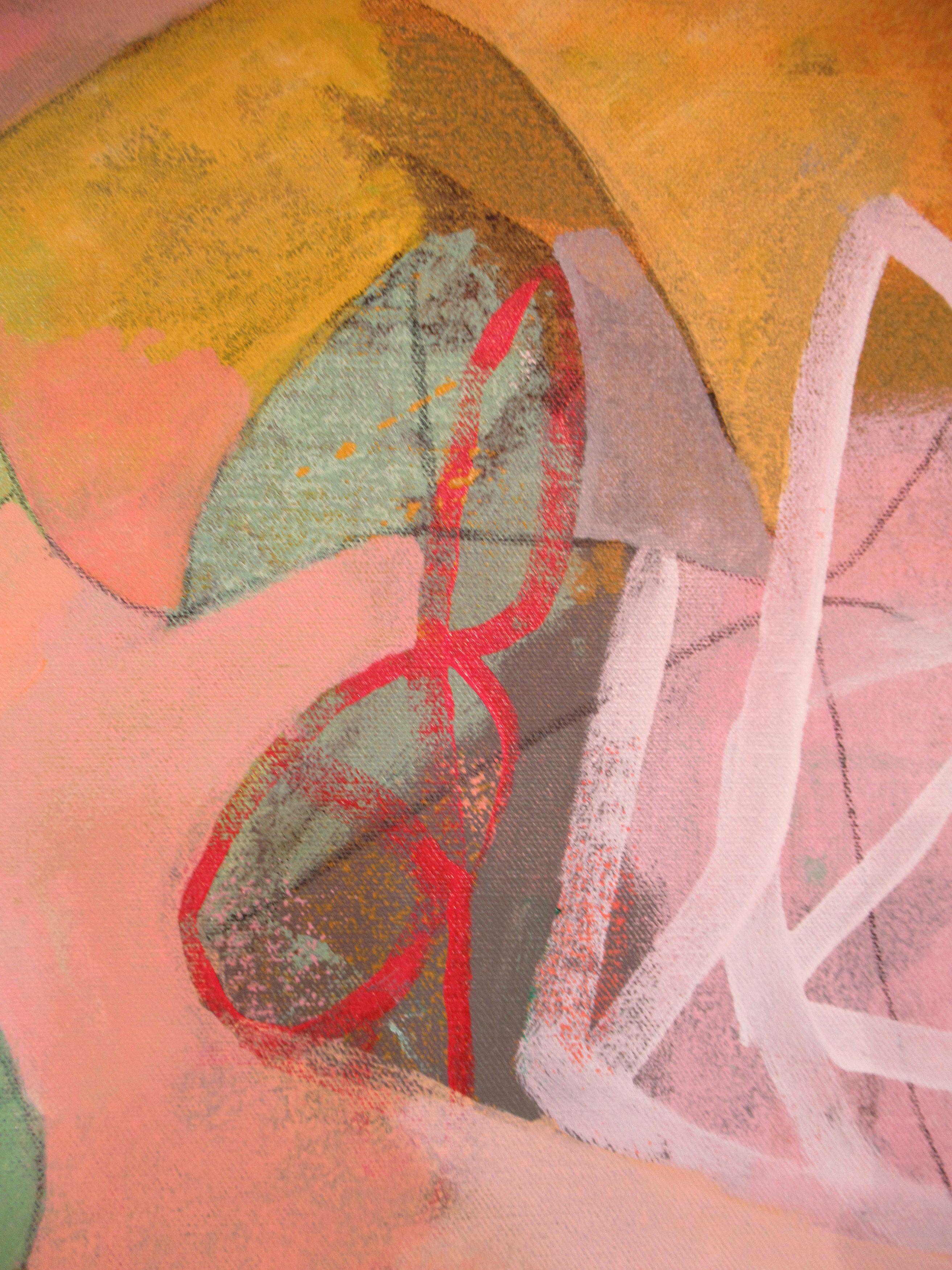 Loose abstract signs and symbols in red, white and pink on a background of warm pinks, yellows and greens. A complex composition with many layers. A very energetic surface. This painting was a reaction to the fairly rigid straight edged paintings