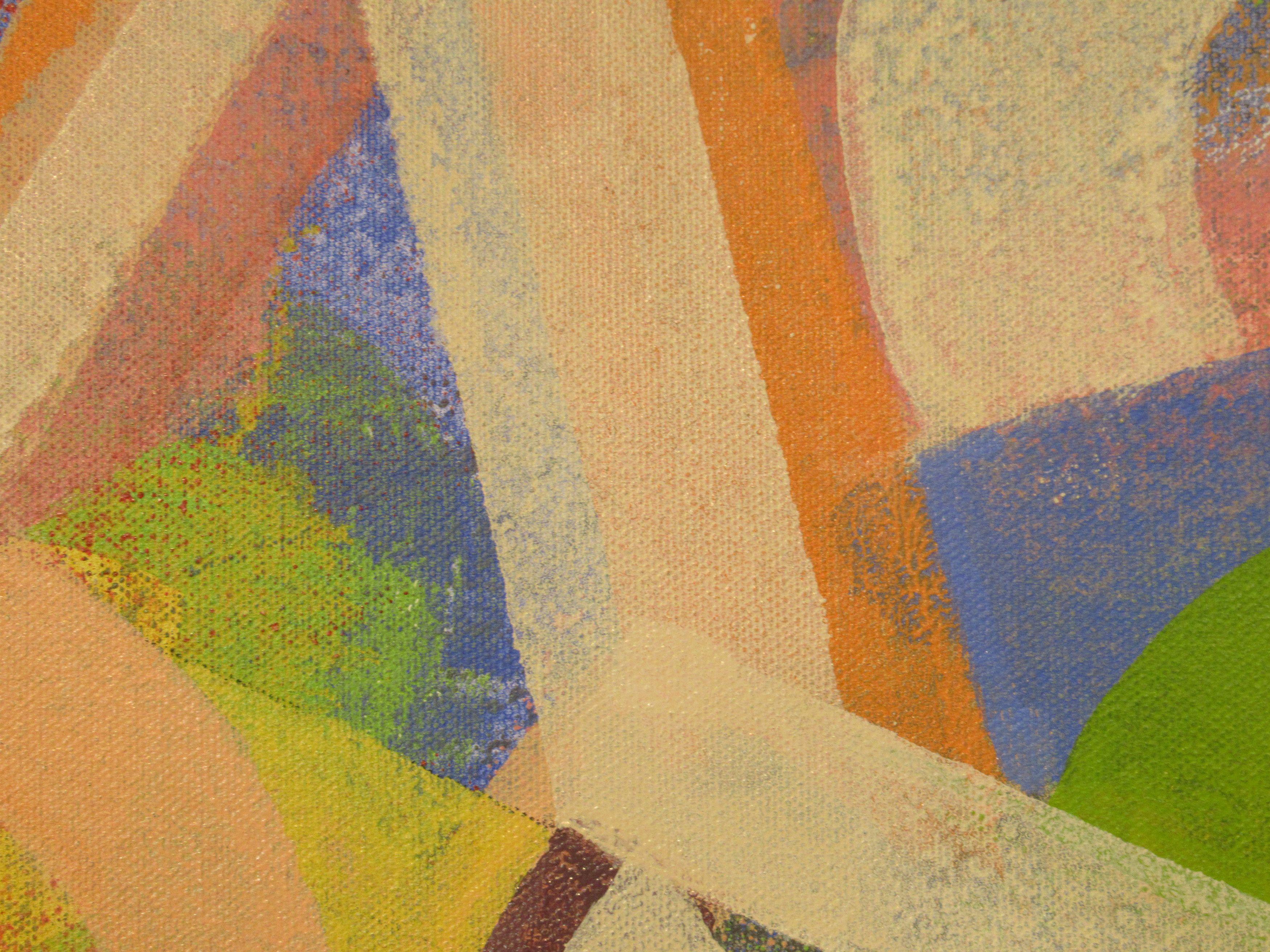 Atrevidas formas simples de color hueso sobre un fondo de texturas y color saturado. Empiezo cada cuadro de forma diferente y para éste empecé utilizando una regla. La dirección determinada del cuadro. Hay muchas zonas de textura interesante en esta