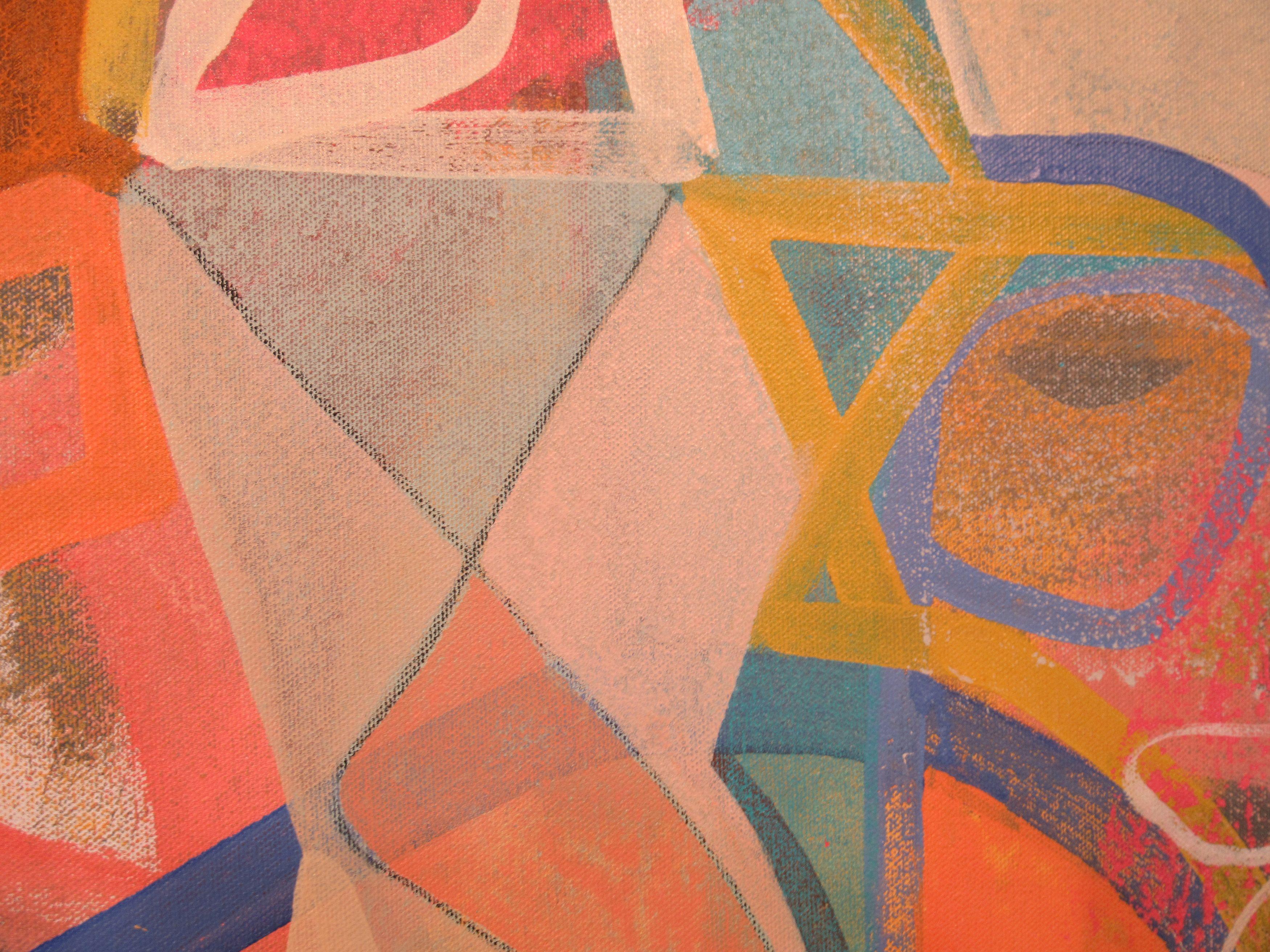 A colorful composition of abstract brushstrokes of white, yellow and gray enclosing areas of turquoise, red and pink surrounded by areas of off-white. Many interesting textures. :: Painting :: Abstract :: This piece comes with an official