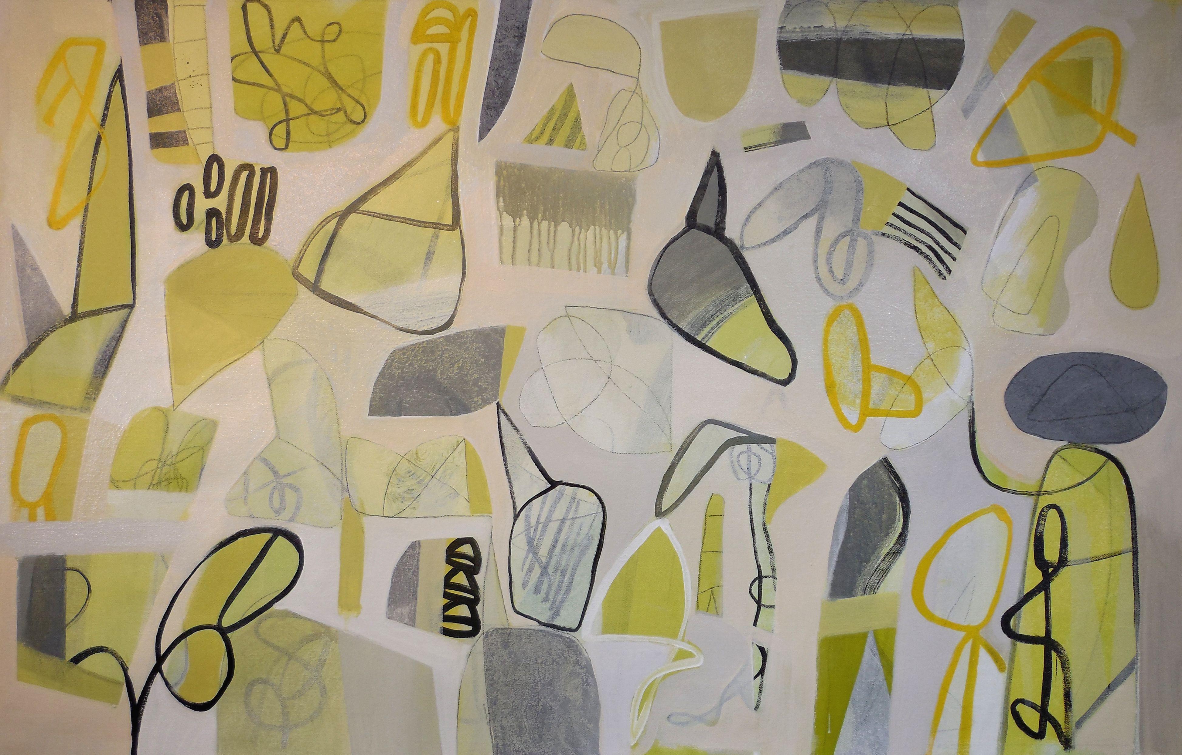 Abstract Painting di Hal Mayforth - Si danno da fare nel cortile, Pittura, Acrilico su tela