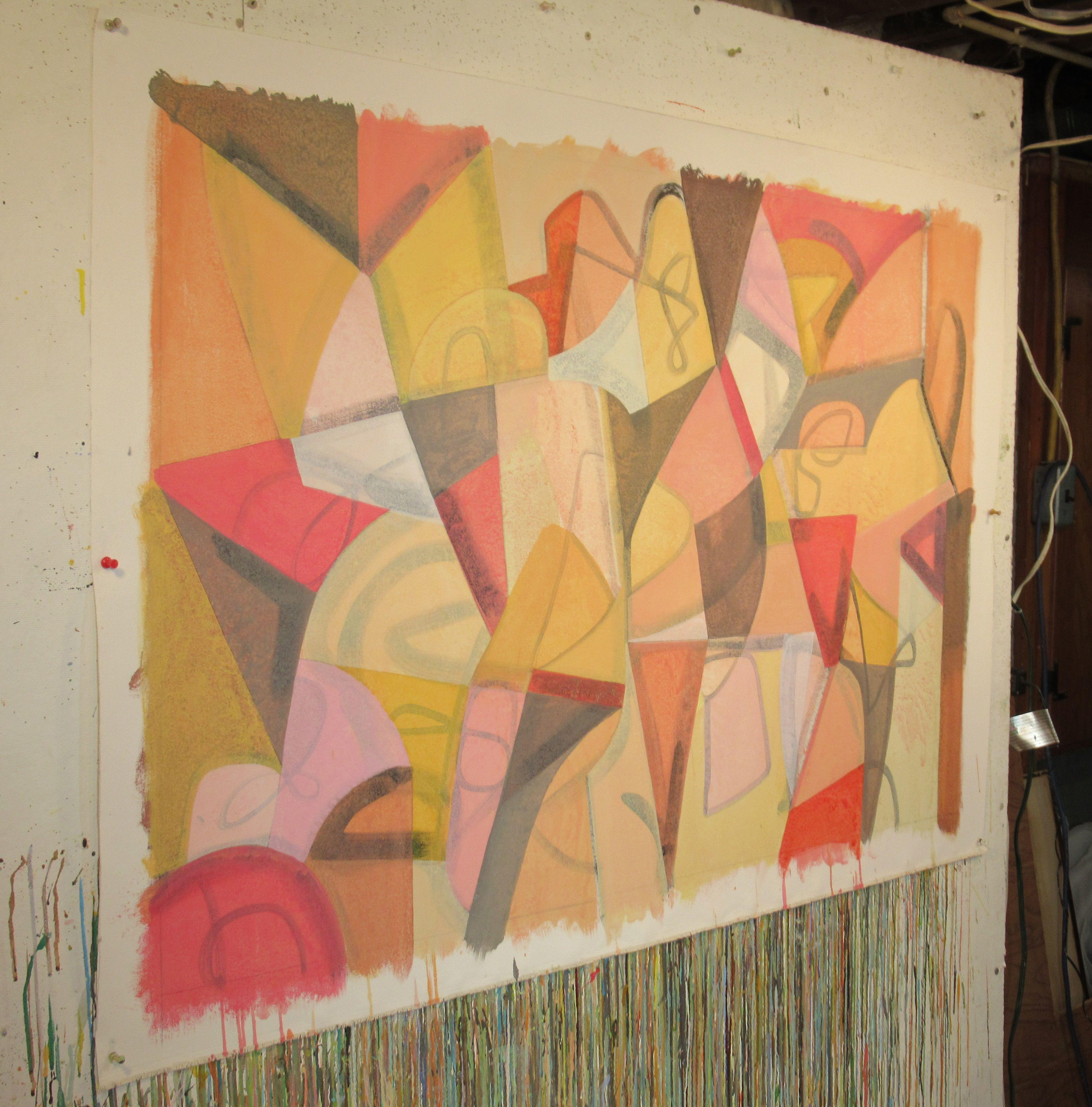 A lively composition of reds, yellows, grays and off whites combining a spontaneous underpainting with a more rigid structure of simple geometric shapes on top. Interesting juxtapositions between the loose and the straight edged. Textures energize