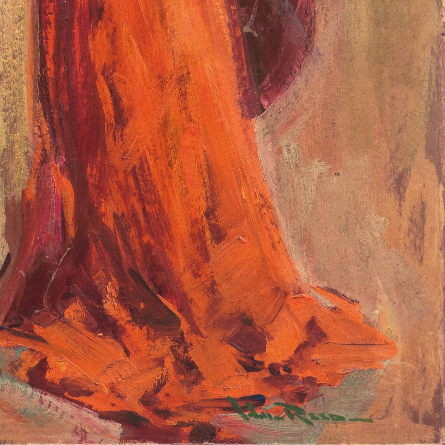 'Woman in a Coral Dress', Large Oil, Art League San Francisco, Student of Fechin - Painting by Hal Reed