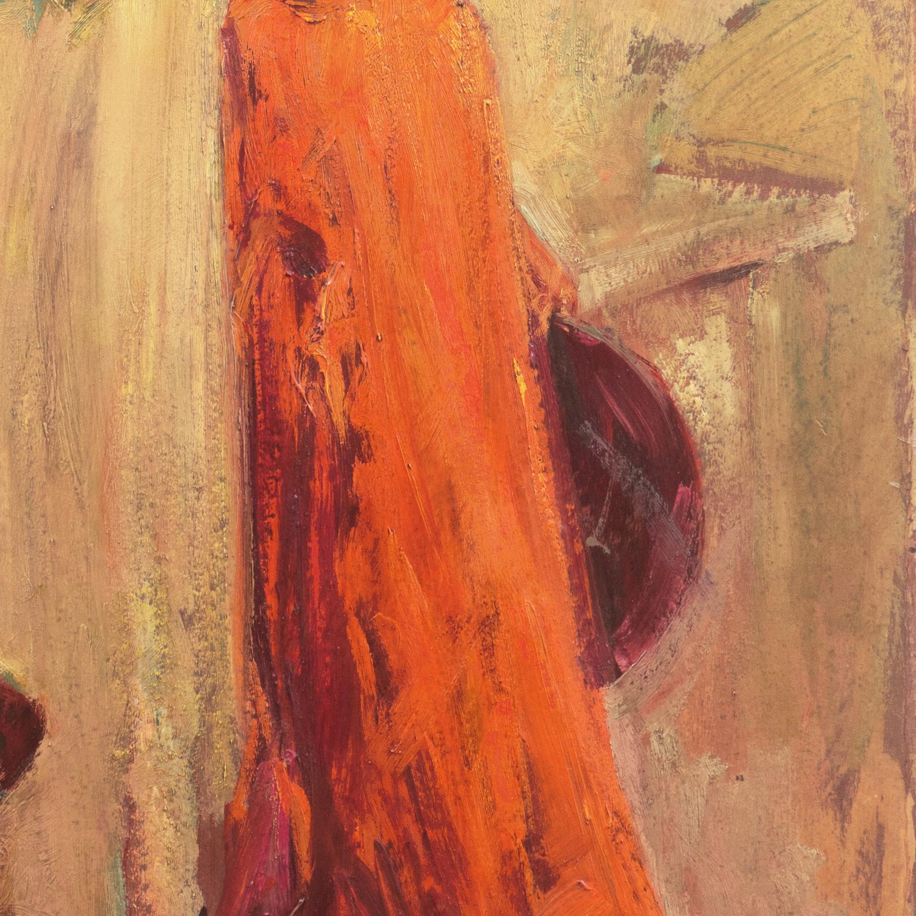 'Woman in a Coral Dress', Large Oil, Art League San Francisco, Student of Fechin - Post-Impressionist Painting by Hal Reed
