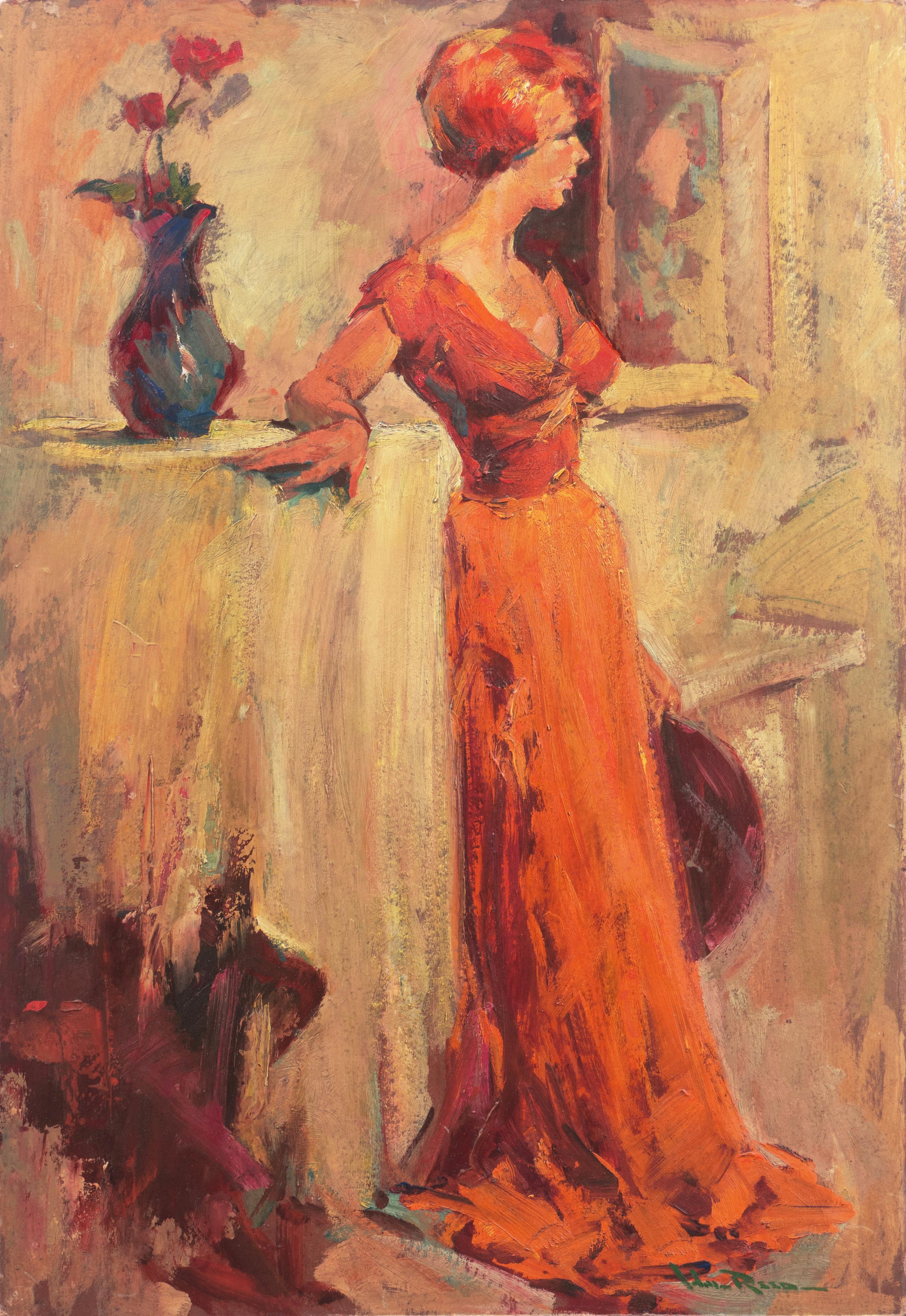 Hal Reed Interior Painting - 'Woman in a Coral Dress', Large Oil, Art League San Francisco, Student of Fechin