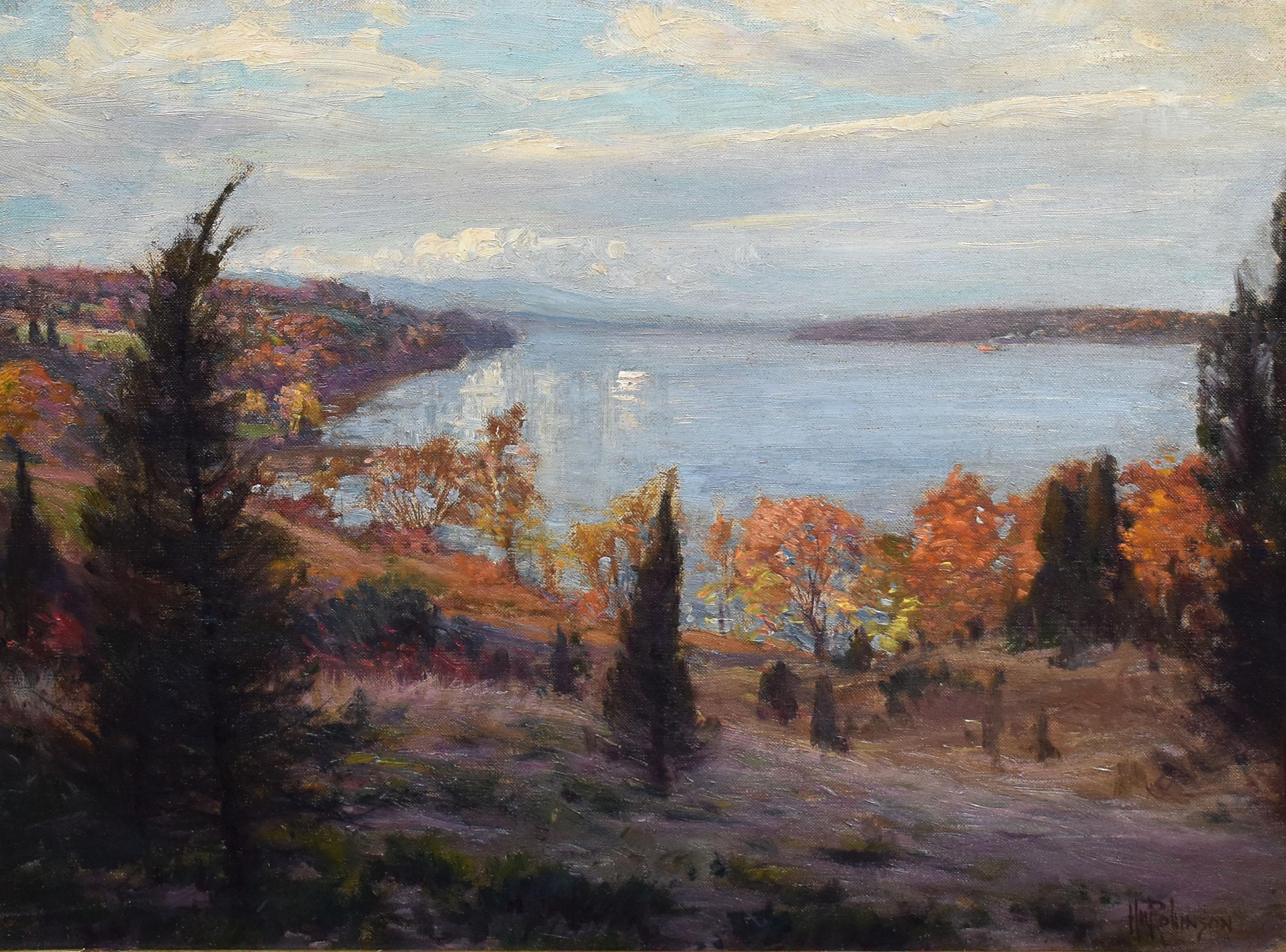 Antique American Large Impressionist Fall Hudson River View Original Painting - Brown Landscape Painting by Hal Robinson