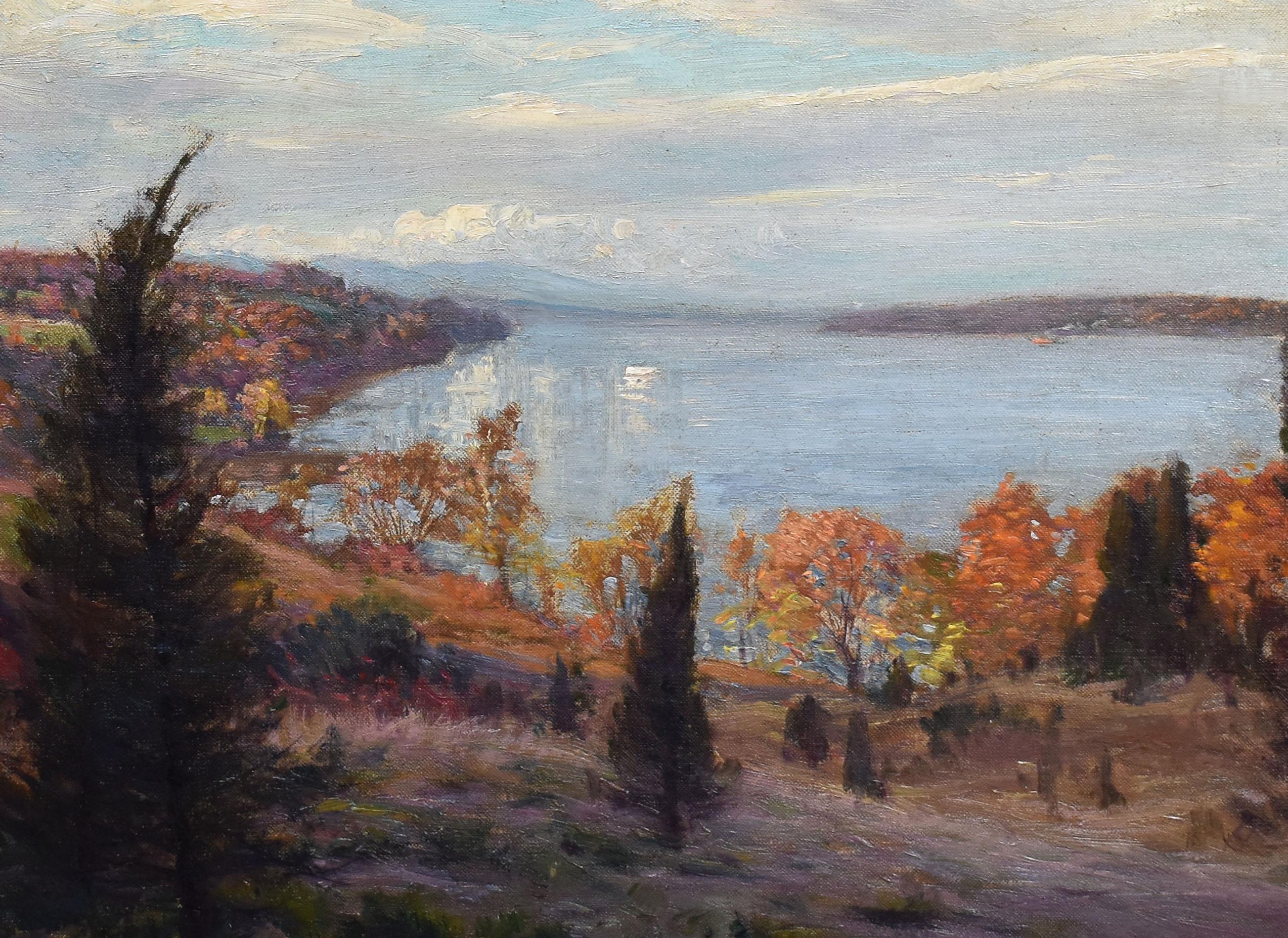 Antique American school impressionist fall landscape painting by Hal Robinson  (1867 - 1933).  Oil on canvas, circa 1900. Signed.  Displayed in a period frame. Image size, 20