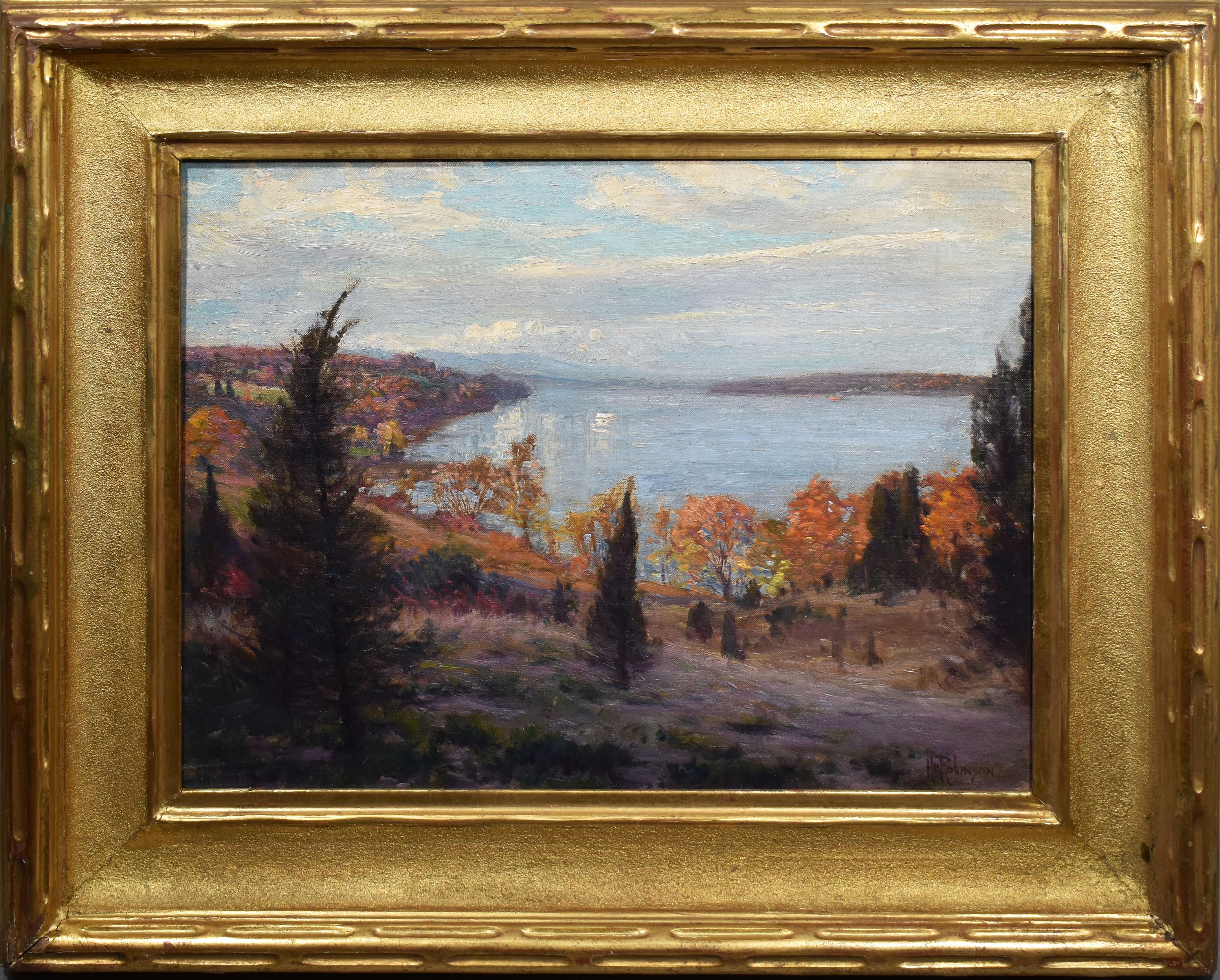 Hal Robinson Landscape Painting - Antique American Large Impressionist Fall Hudson River View Original Painting