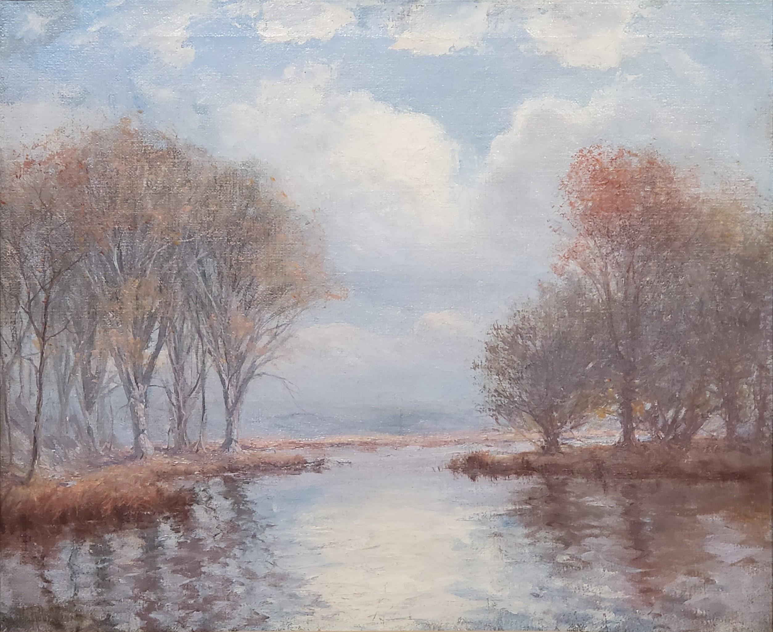 Paysage de rivière sur un jour nuageux, une peinture à l'huile signée par Hal Robinson 1