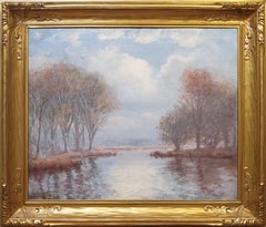 Paysage de rivière sur un jour nuageux, une peinture à l'huile signée par Hal Robinson