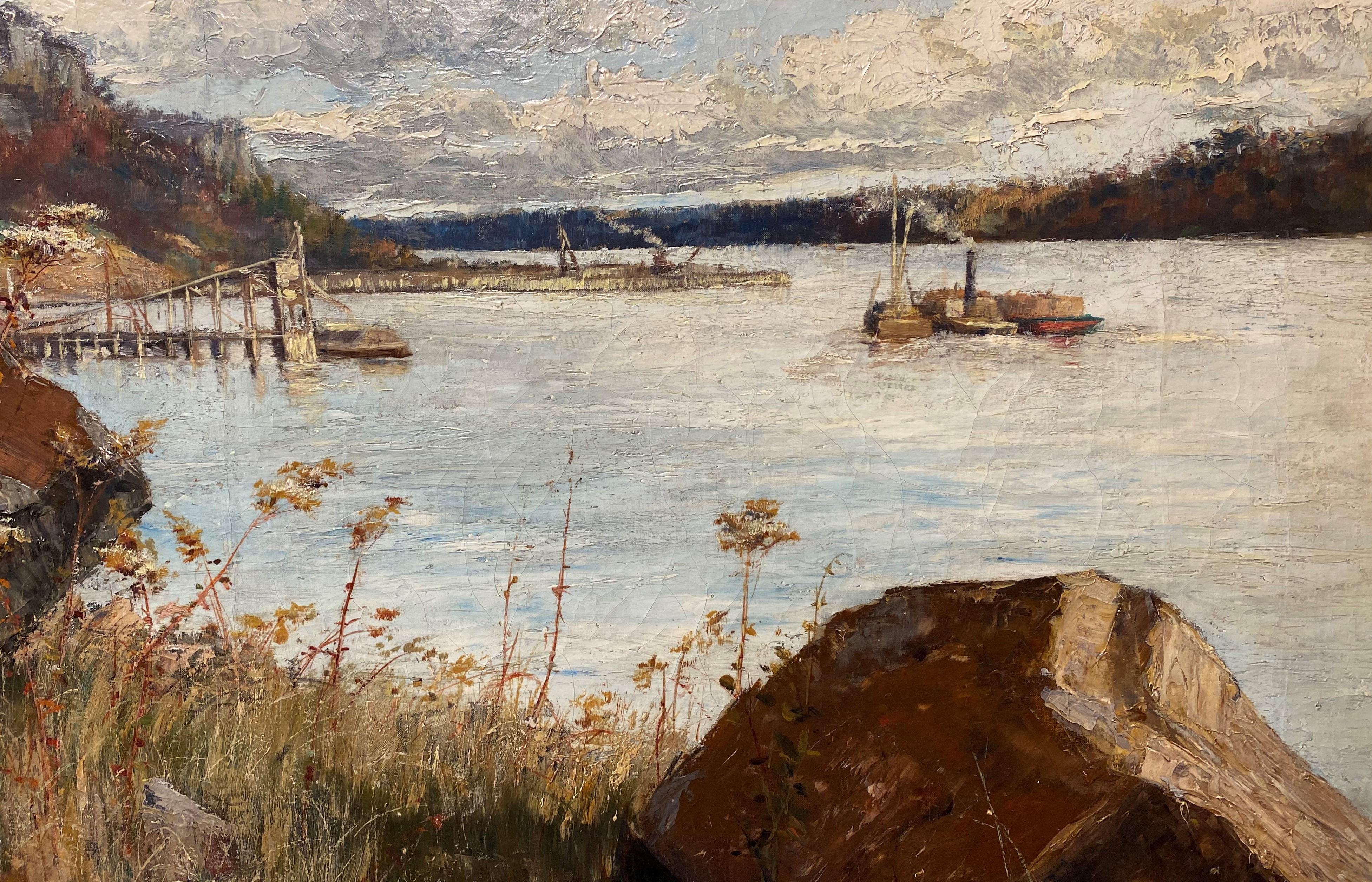 Un beau paysage impressionniste des Palisades sur le fleuve Hudson par l'artiste anglais/américain Harry 