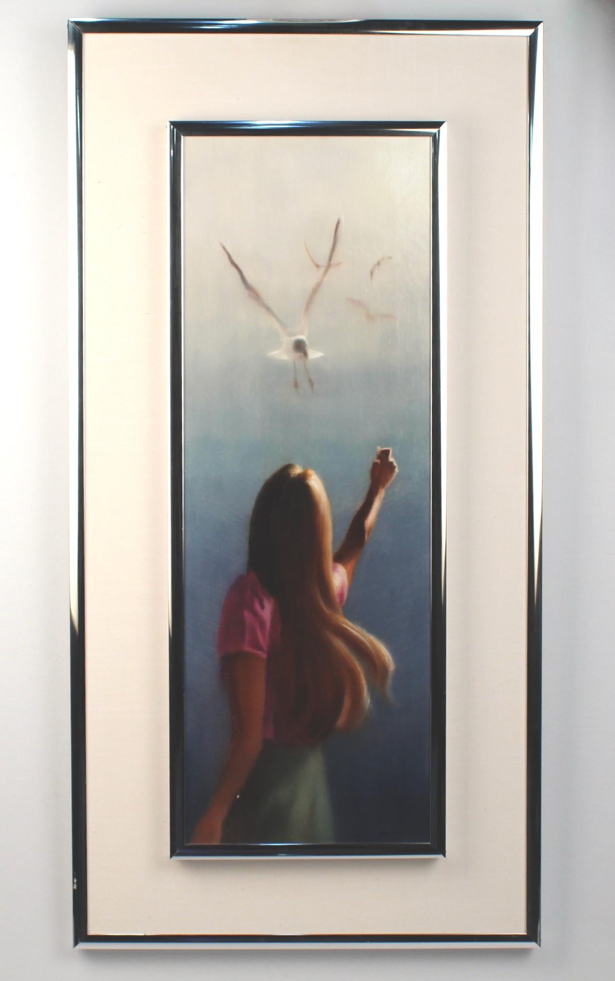 Offered here for your consideration is a 1980s soft-realism oil on canvas painting of a woman and seagulls.

Hal Singer (1919-2003) studied at New York University and the Art Students League. He was represented in East Coast galleries and