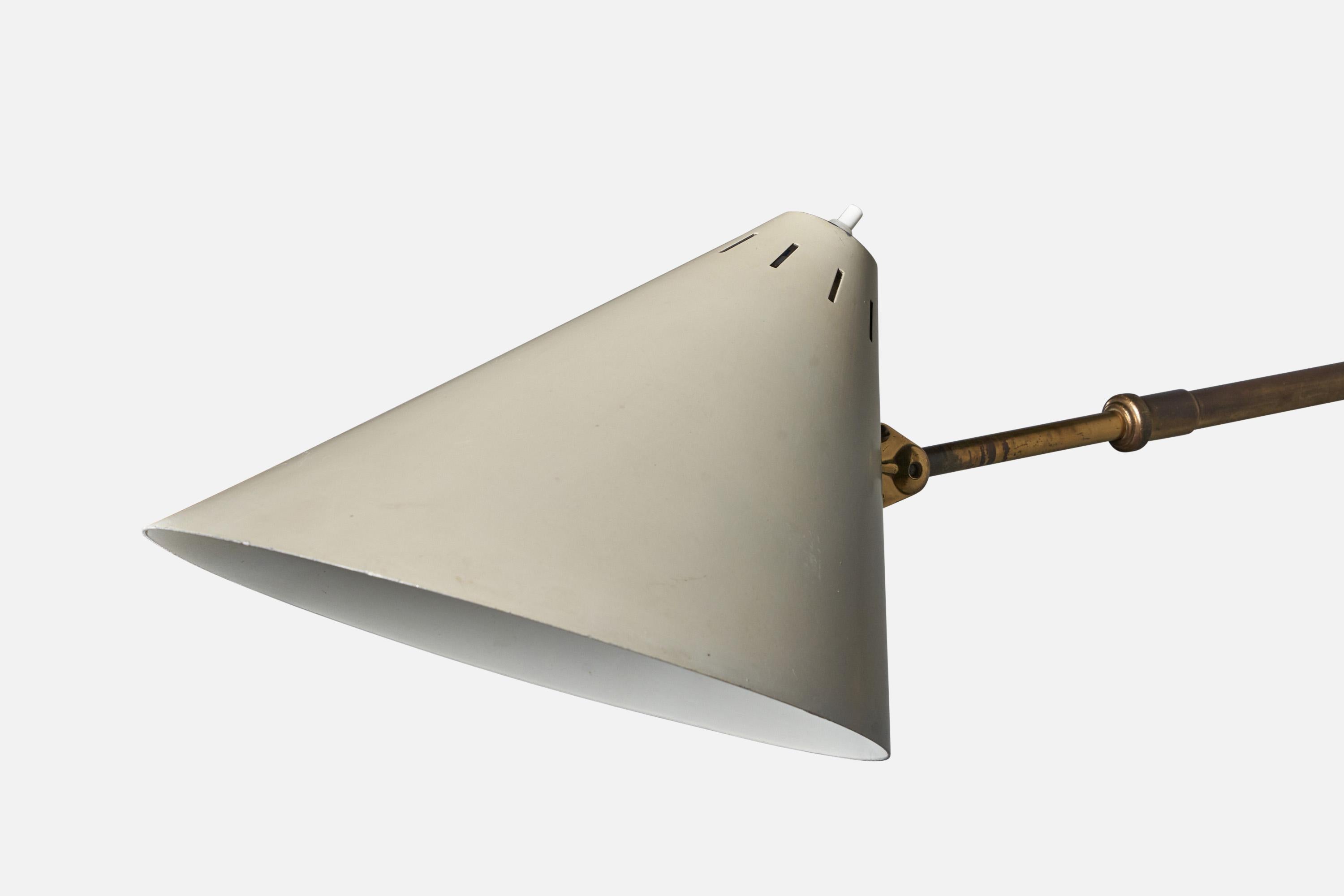 An adjustable brass and grey-lacquered metal wall light, designed and produced by HALA, Netherlands, 1950s.

Overall Dimensions (inches): 7