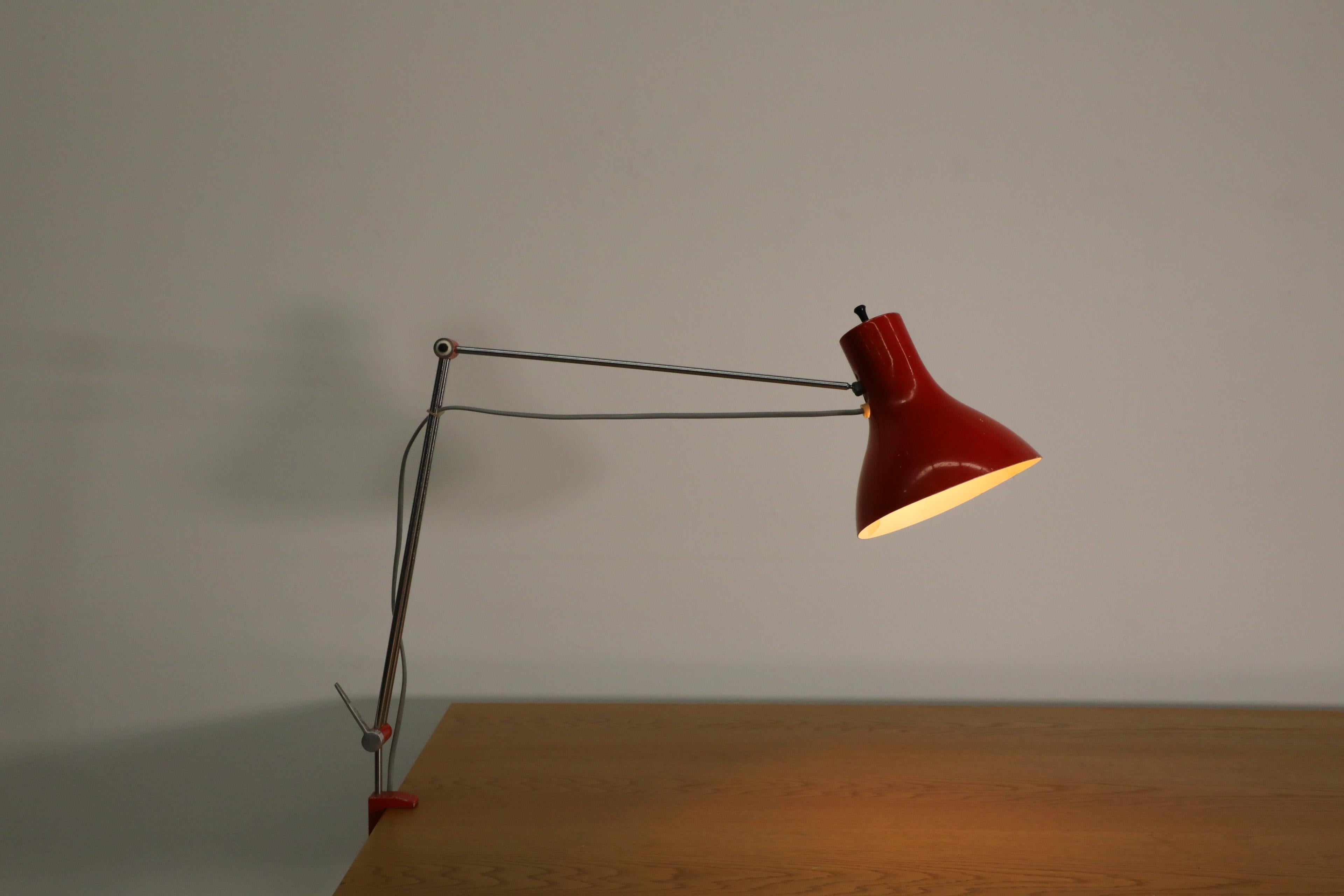 Mid-Century Modern Hala Style Red Aluminum Industrial Drafting Lamp w/ Chrome Stem & Clamp For Sale