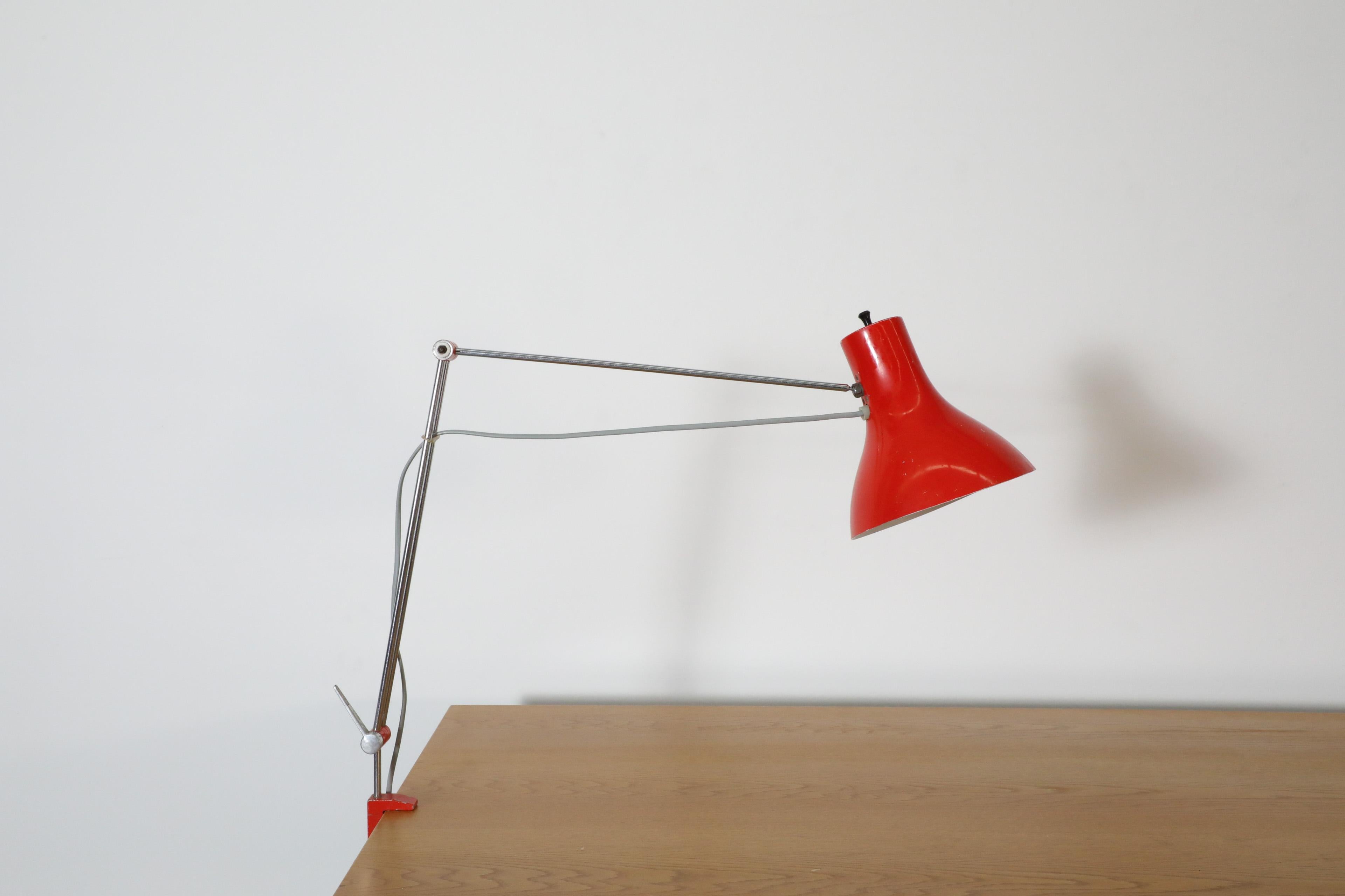 Hungarian Hala Style Red Aluminum Industrial Drafting Lamp with Chrome Stem and Clamp