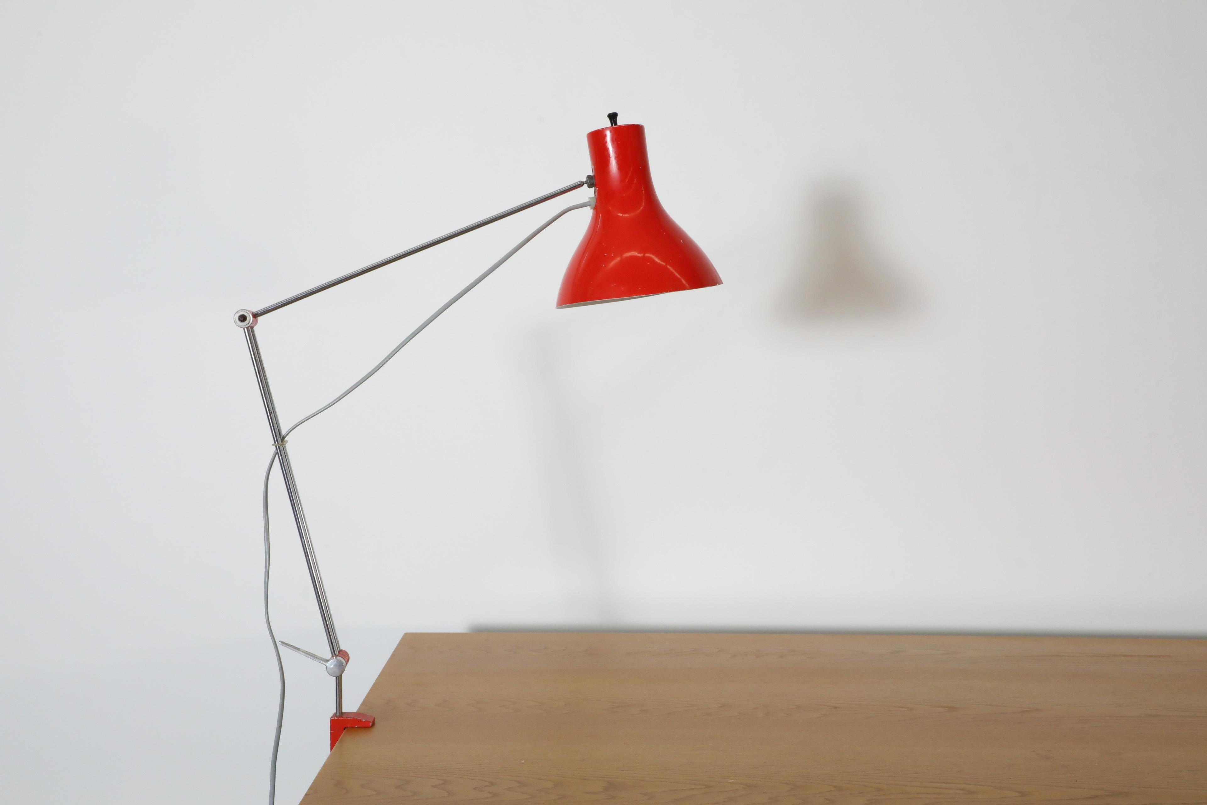 Mid-20th Century Hala Style Red Aluminum Industrial Drafting Lamp with Chrome Stem and Clamp