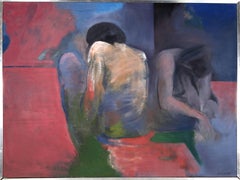 Dos figuras desnudas sentadas, pintura al óleo contemporánea de Halata Dobroslav
