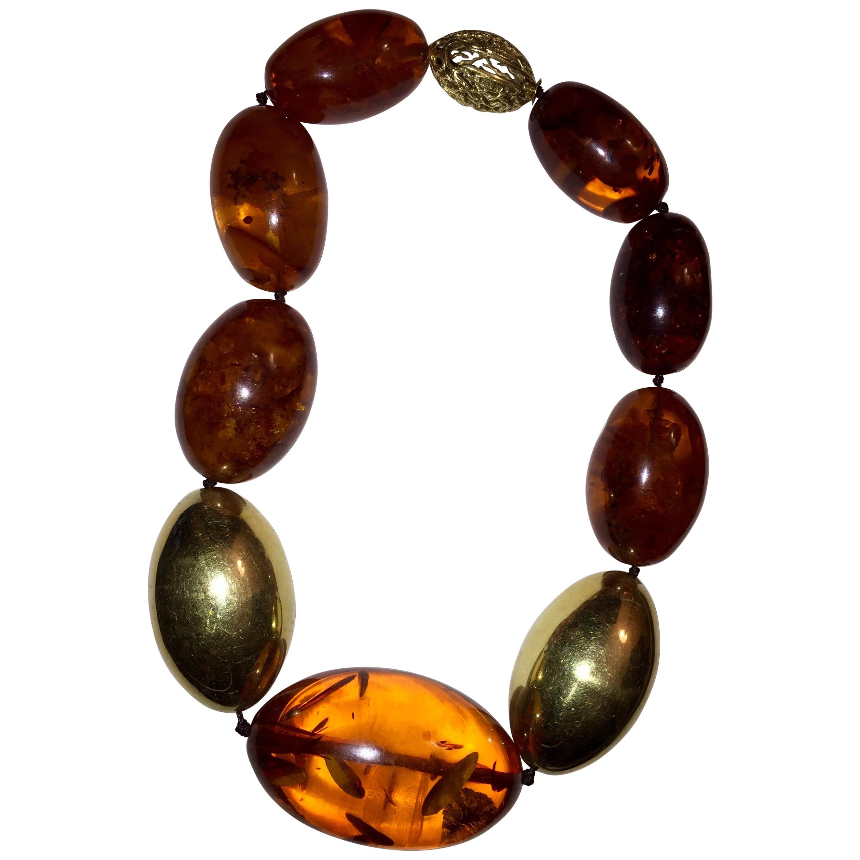Halberstadt Willy Fagert 14 Karat Gold Orange Baltic Amber Oblong Bead Necklace For Sale