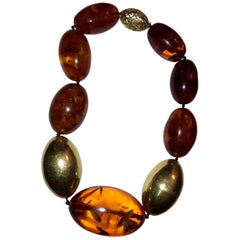Vintage Halberstadt Willy Fagert 14 Karat Gold Orange Baltic Amber Oblong Bead Necklace